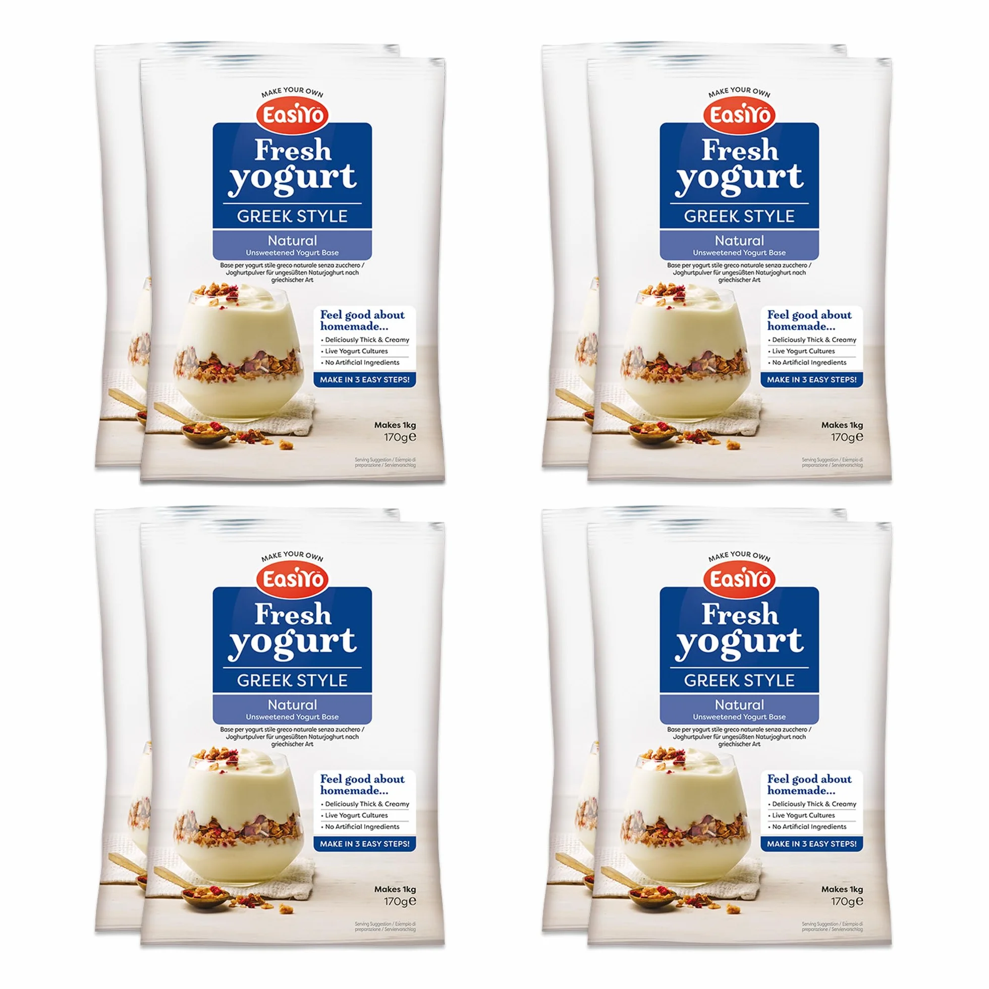 EasiYo Yogurt Greco Naturale Confezione da 8 Bustine | Ogni Bustina Prepara 1KG di Yogurt