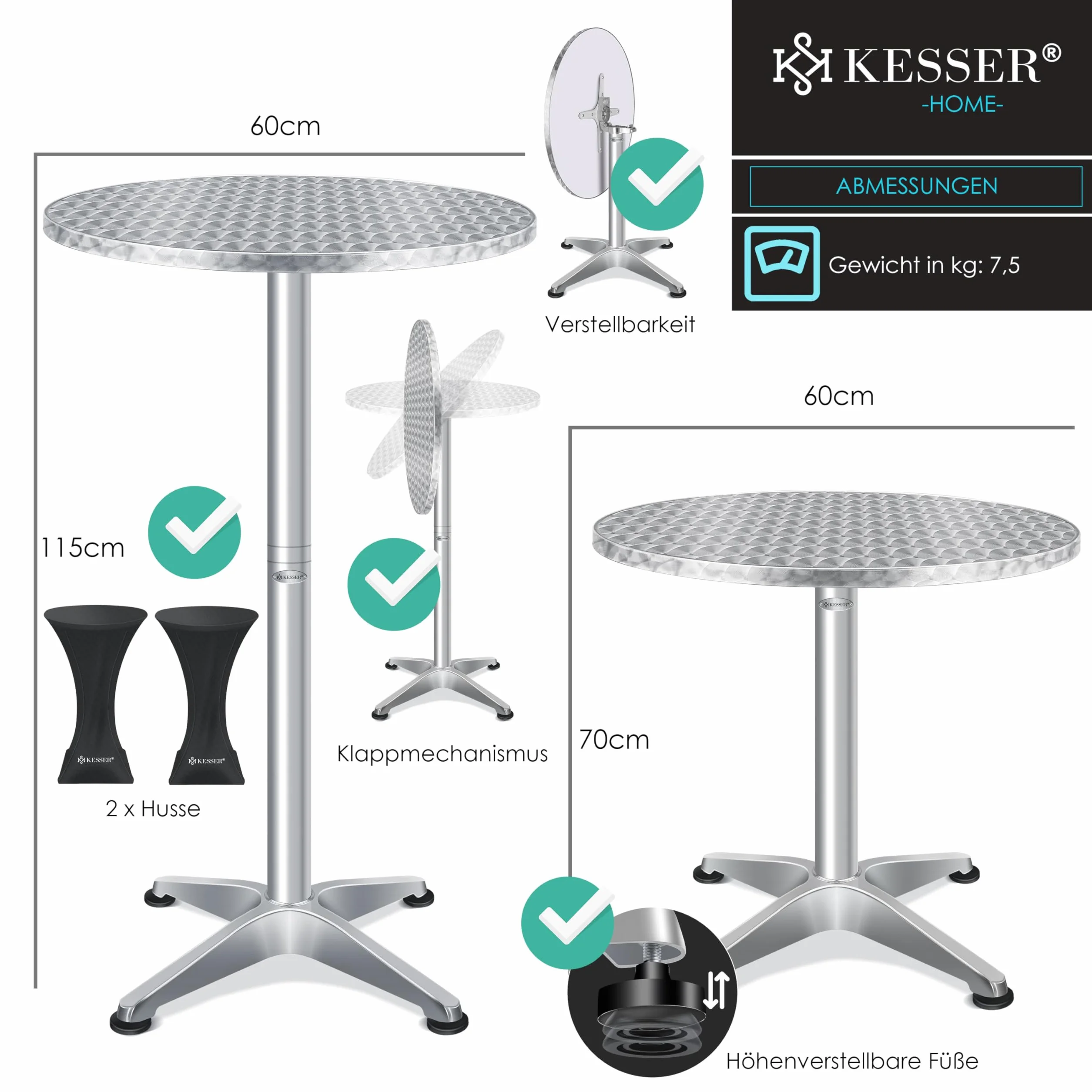 KESSER Tavolo da bistrot pieghevole 2 in 1, set da 2 pezzi, piastra in alluminio in acciaio inox, altezza 70 cm/115 cm, diametro 60 cm, tavolo da ricevimento per interni ed esterni, tavolo pieghevole