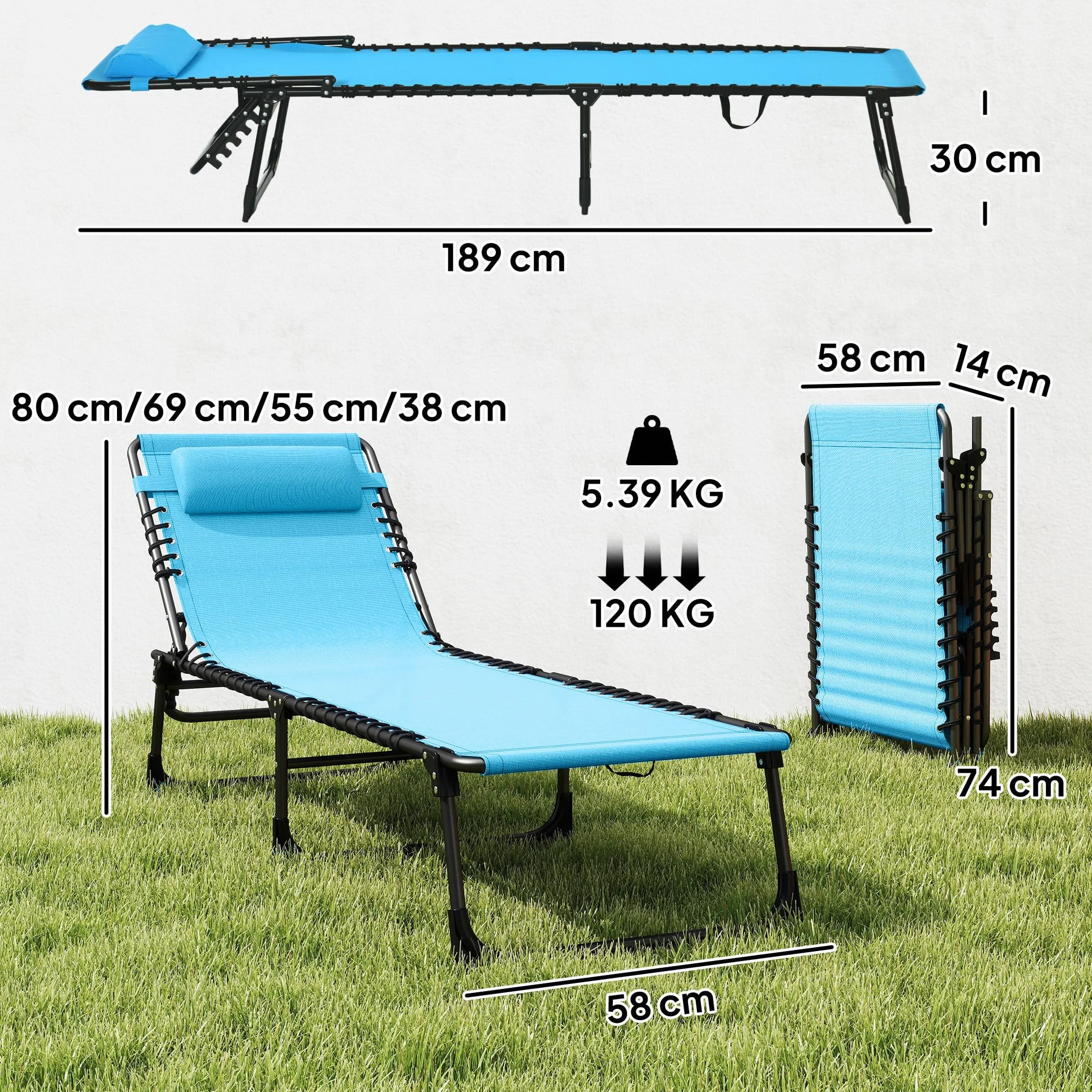 Outsunny Lettino Prendisole Pieghevole con Schienale Reclinabile su 4 Livelli, Sdraio da Giardino con Seduta Traspirante in Tessuto a Rete, per Spiaggia Piscina Giardino, 189x58x30 cm, Blu