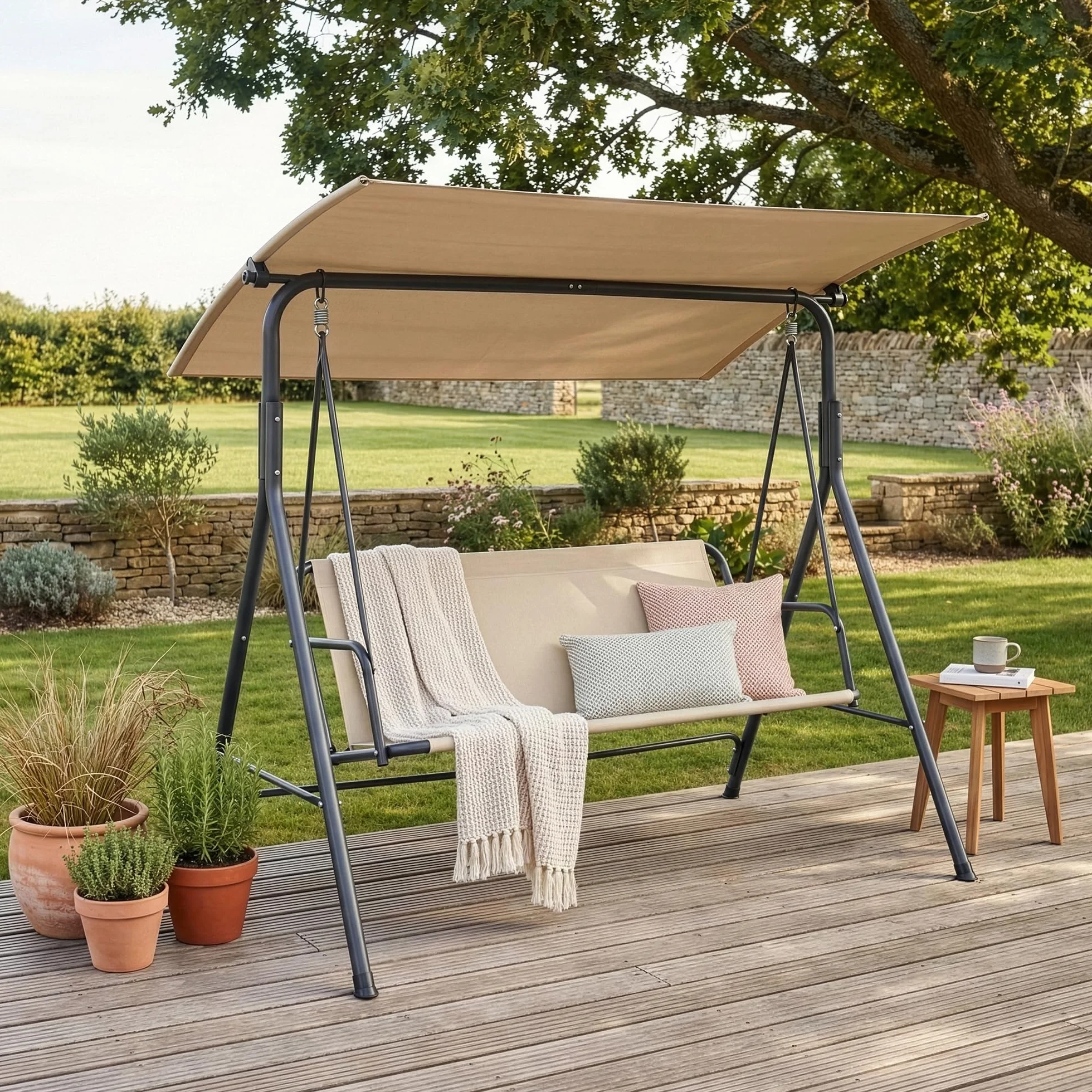 [en.casa] Dondolo da Giardino a 3 Posti con Tettuccio Parasole Regolabile e Schienale Panchina a Dondolo Altalena da Esterno Terrazza Struttura in Acciaio 173x119x153 cm - Grigio/Beige