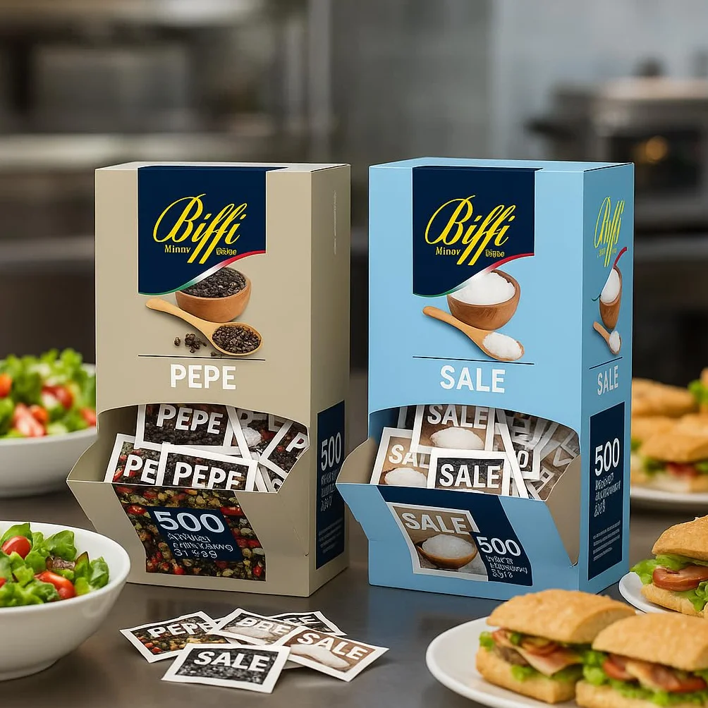 Pepe Nero 500x0,2g + Sale Fino Iodato 500x1g – 1000 Bustine Monodose – Condimenti Pratici e Igienici per Ristoranti, Catering, Mense e Uso Domestico – Confezione Professionale