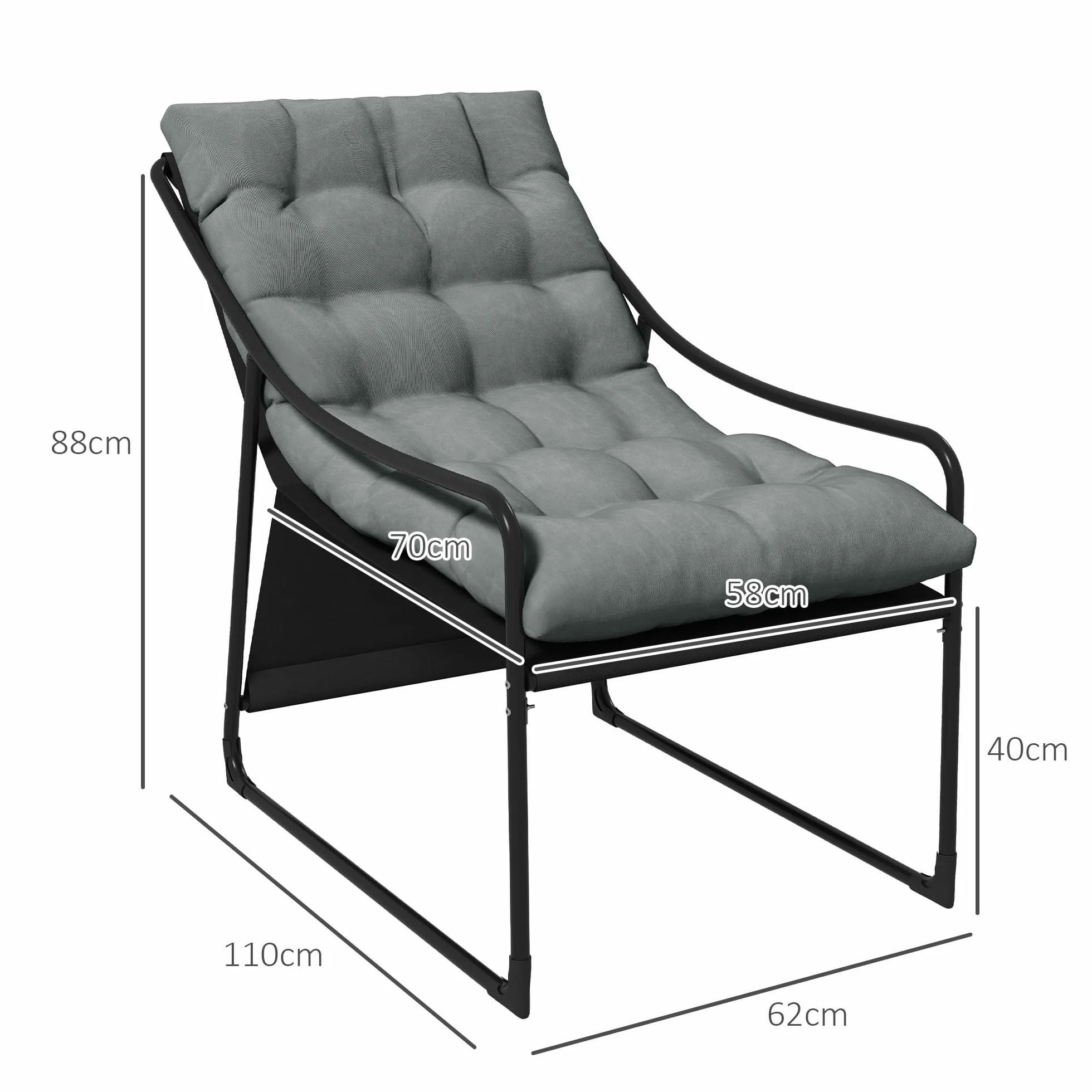 Outsunny Poltrona da Giardino con Cuscino Imbottito in Cotone PP, Poltroncina per Esterno in Acciaio e Poliestere, 62x110x88 cm, Grigia e Nera