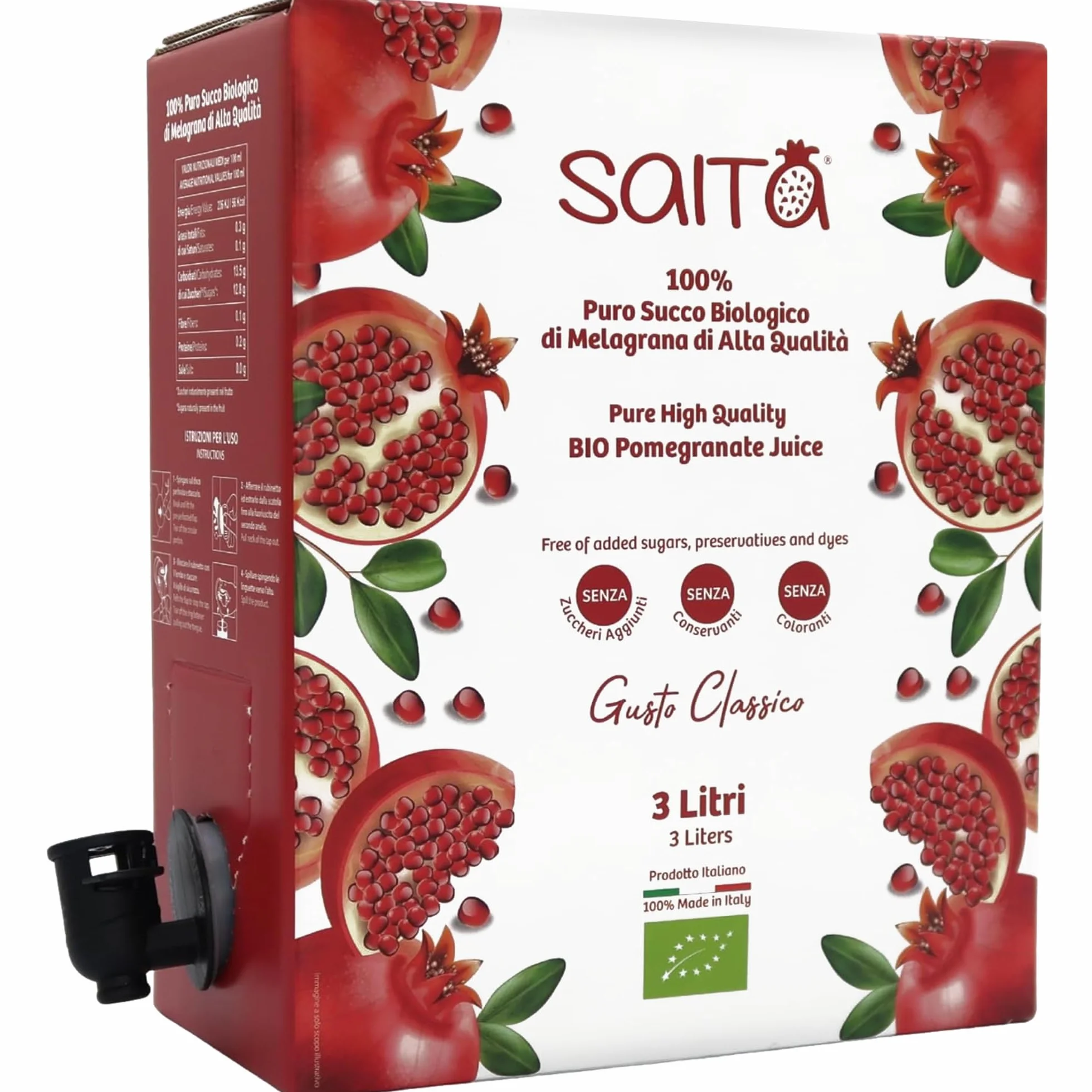 Saita Succo di Melograno 100% Puro Biologico, Succo di Frutta Senza Zuccheri Aggiunti, Vitamina C Naturale, Vegan Superfood Detox, Bag in Box 3 l, Classico, Made in Italy