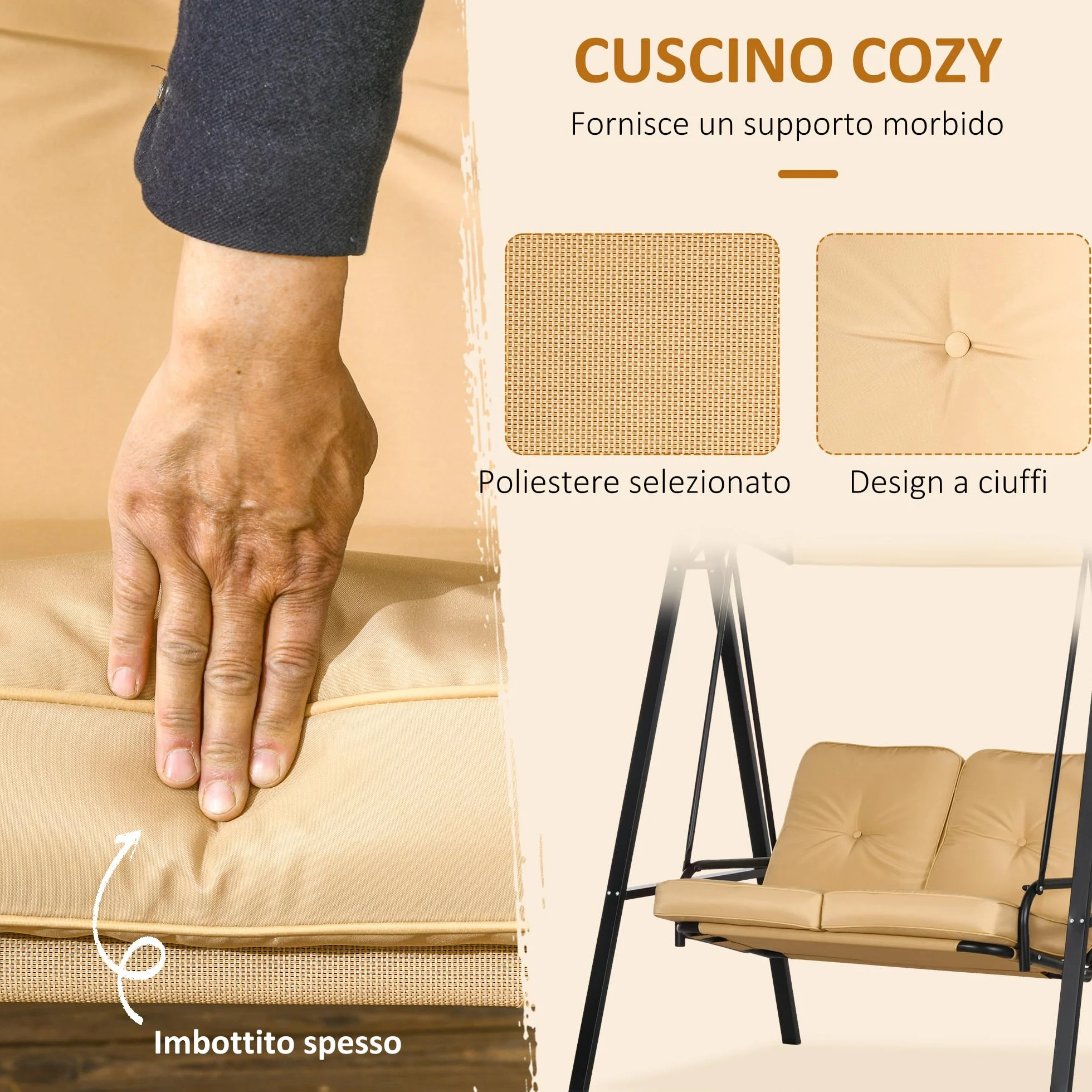Outsunny Dondolo da Esterno con Tettuccio Regolabile e Cuscini, Dondolo 2 Posti in Acciaio e tessuto Teslin, 145x116x172 cm, Beige