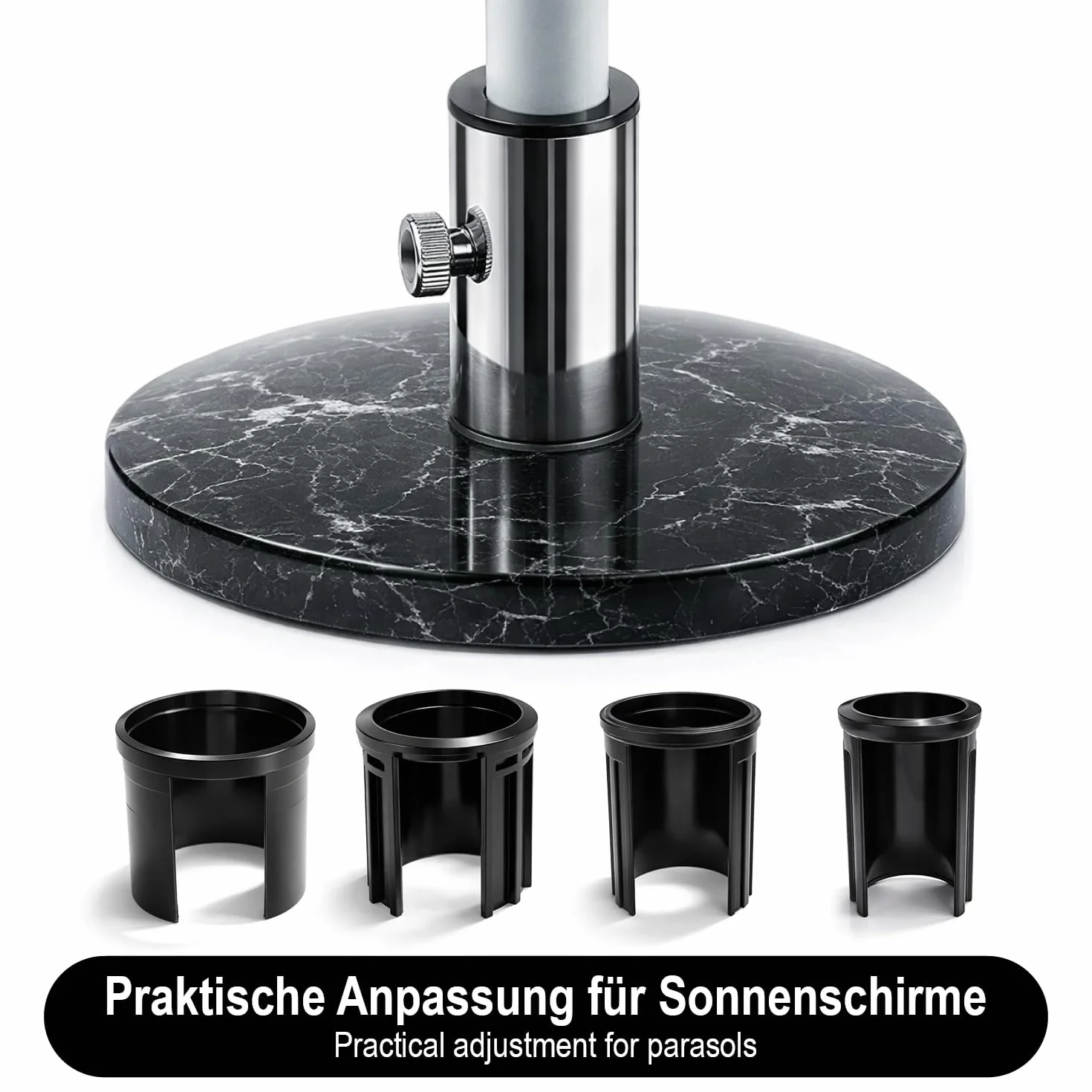com-four® 4X Anelli riduttori per Base ombrellone, adattatori 25, 32, 38, 48 mm per Supporto ombrellone, boccole riduzione per Asta ombrellone (Nero - 4 Pezzi)