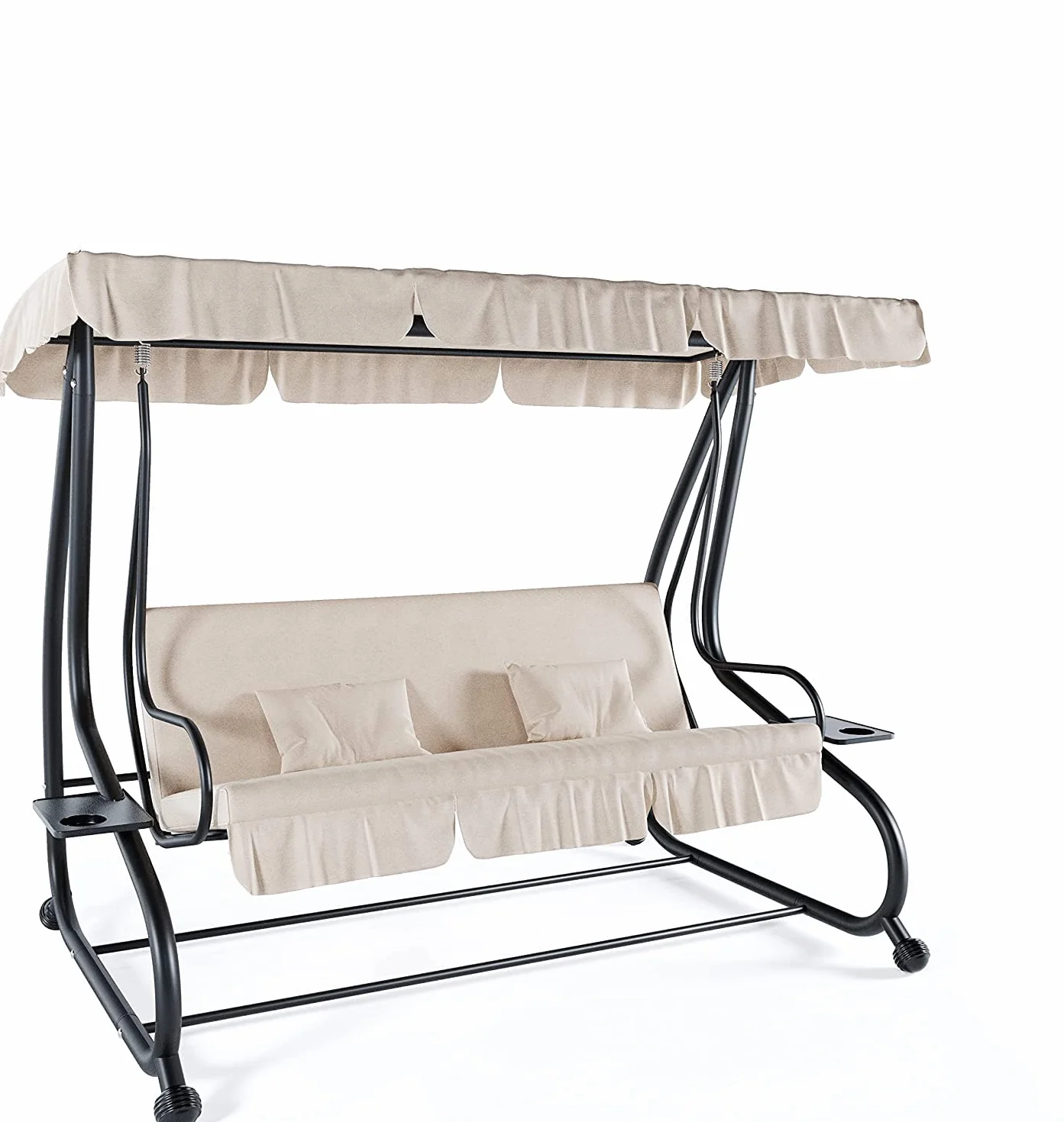 BRICOZONE Dondolo Reclinabile 3 Posti Con Cuscini Imbottiti Parasole Tettuccio Regolabile Diventa Letto Struttura Acciaio Robusto Giardino Esterno Balcone Terrazzo Piscina 200 x 120 x 160 cm Beige