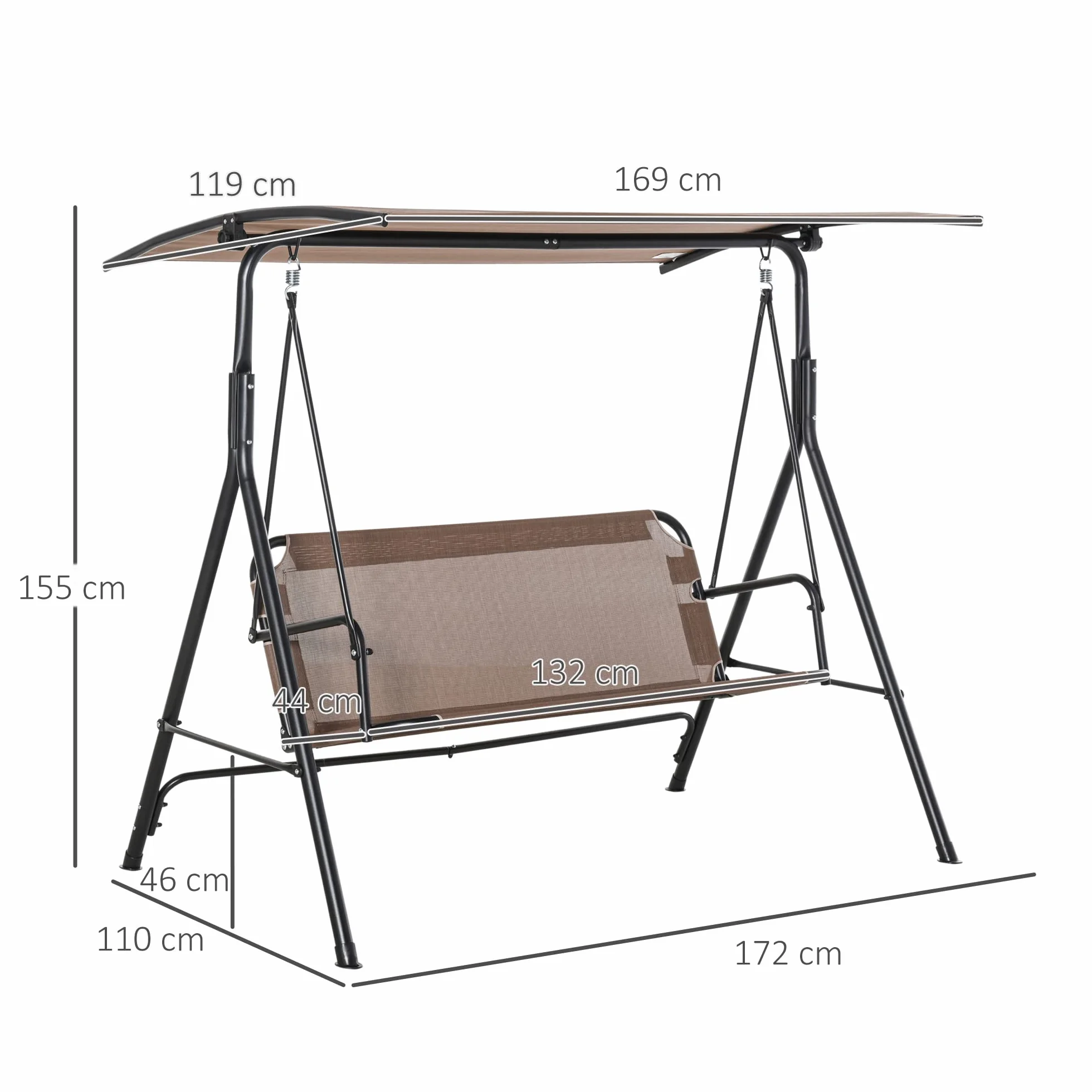 Outsunny Dondolo da Giardino Terrazza 2 Posti con Tettuccio Parasole Regolabile, Metallo e Texteline 172x110x155cm Marrone