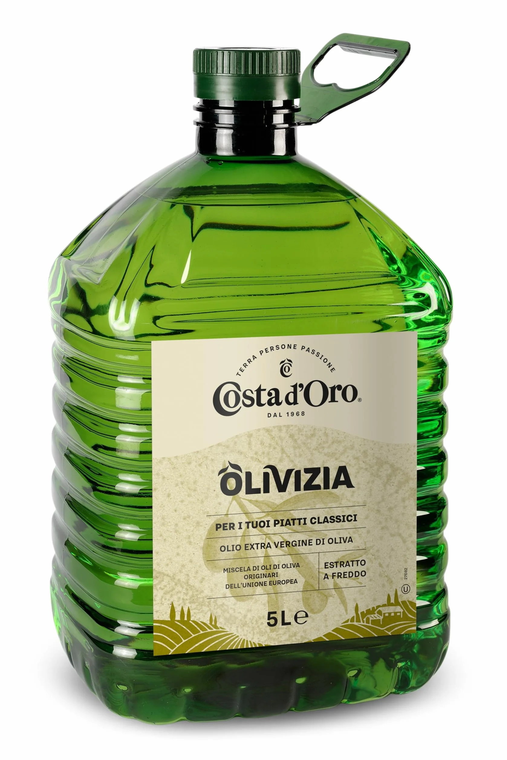 Costa d’Oro – Olivizia 5L. Olio extravergine realizzato con una selezione di raccolta tardiva delle migliori cultivar del Bacino del Mediterraneo. PET da 5L.