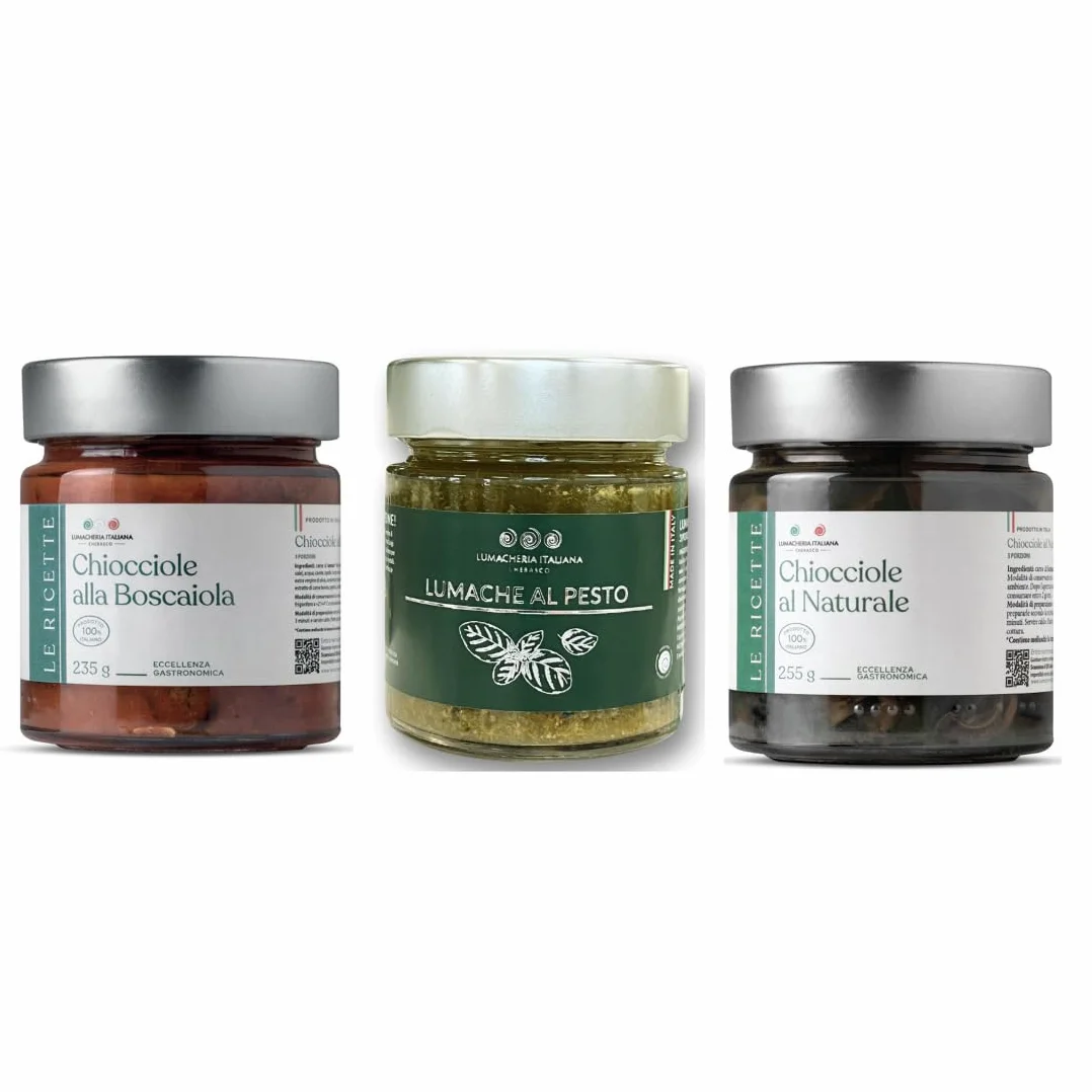 Polpa di Chiocciole alla Boscaiola 235g + Chiocciole al Naturale 255g + Chiocciole al Pesto 235g – Lumache Helix lessate e pronte da cucinare – Piatto Pronto, Shelf Life 48 Mesi