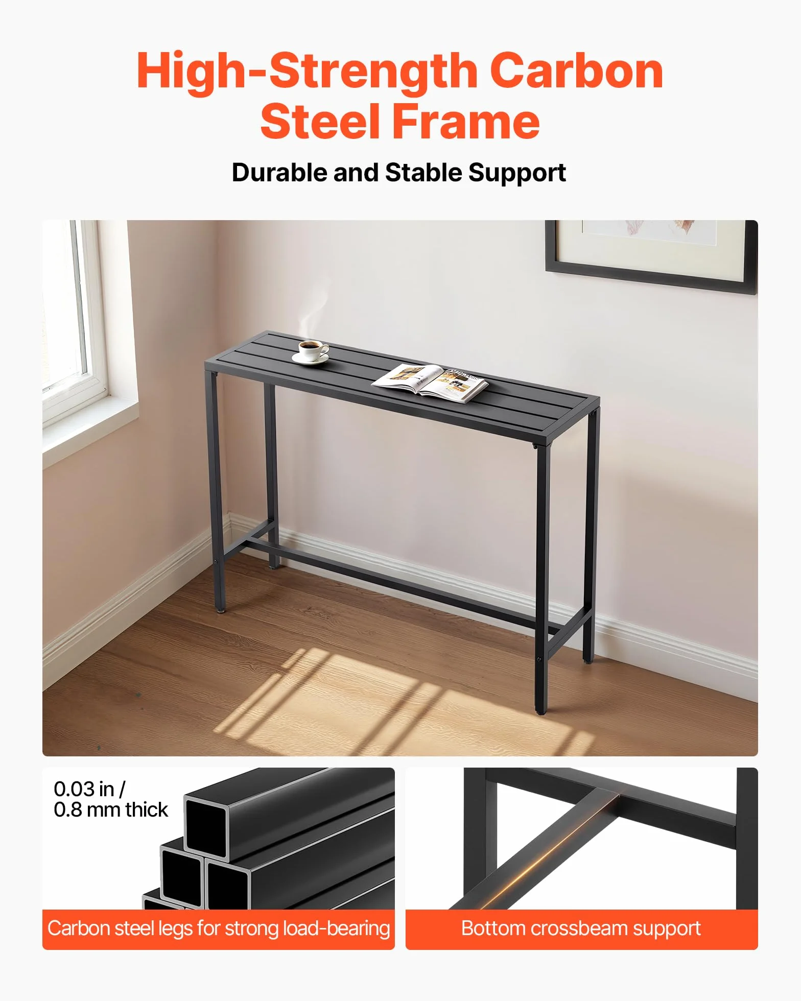 VEVOR Tavolo Alto da Bar per Esterni 120 x 37,5 cm, Tavolino da Pranzo Rettangolare Piano Impermeabile, Struttura in Metallo, Tavolo da Giardino Cortile Terrazza, Bordo Piscina, Soggiorno