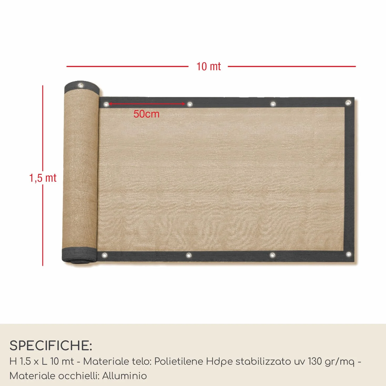 Rebecca Mobili Telo Frangivista, Copertura Recinto, Hdpe, Beige, Con Occhielli Rinforzati, Per Giardino Terrazzo - Misure HxL: 1,5 x 10 mt - Art. RE6706