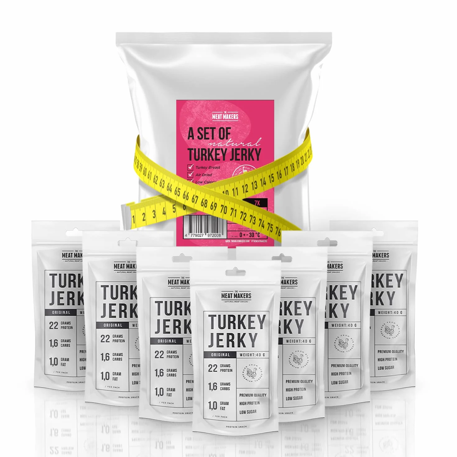 THE MEAT MAKERS 100% Turkey Jerky 7x40g Sostituto del frullato proteico ideale per l'ufficio, vita attiva, post allenamento. Carne Essiccata Snack Proteici, Jerky Chips, Carne Secca