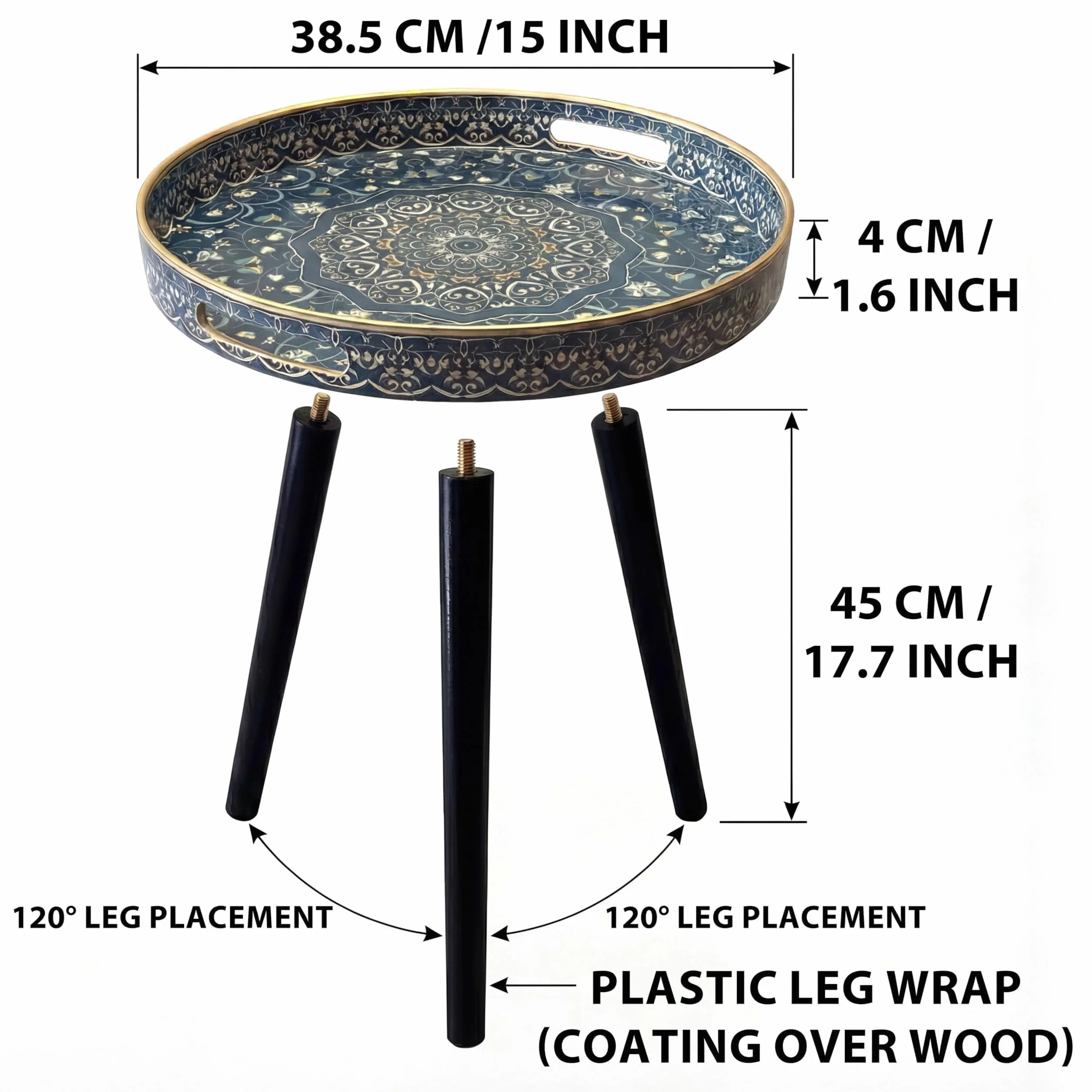 Tavoli laterali rotondi da esterno con 3 gambe in legno staccabili, tavolino versatile con vassoio, perfetto per tavolino da caffè rotondo, tè e momenti di relax 45 cm (Labirinto blu)