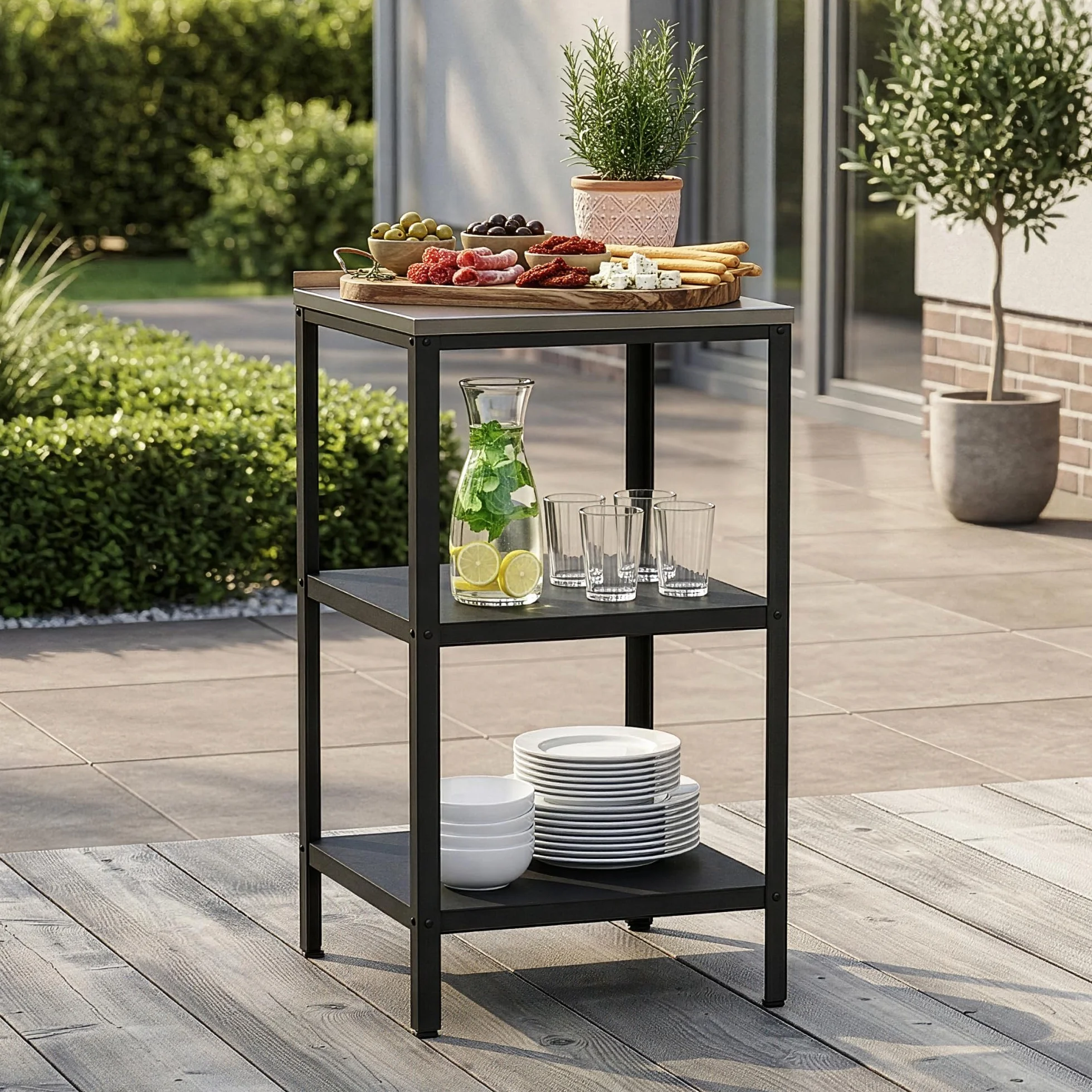 casa.pro Bancone da Giardino Scaffale da Esterno a 3 Ripiani 92 x 50 x 50 cm Mobile in Acciaio con Piedini Regolabili per Livellare - Argentato/Nero opaco