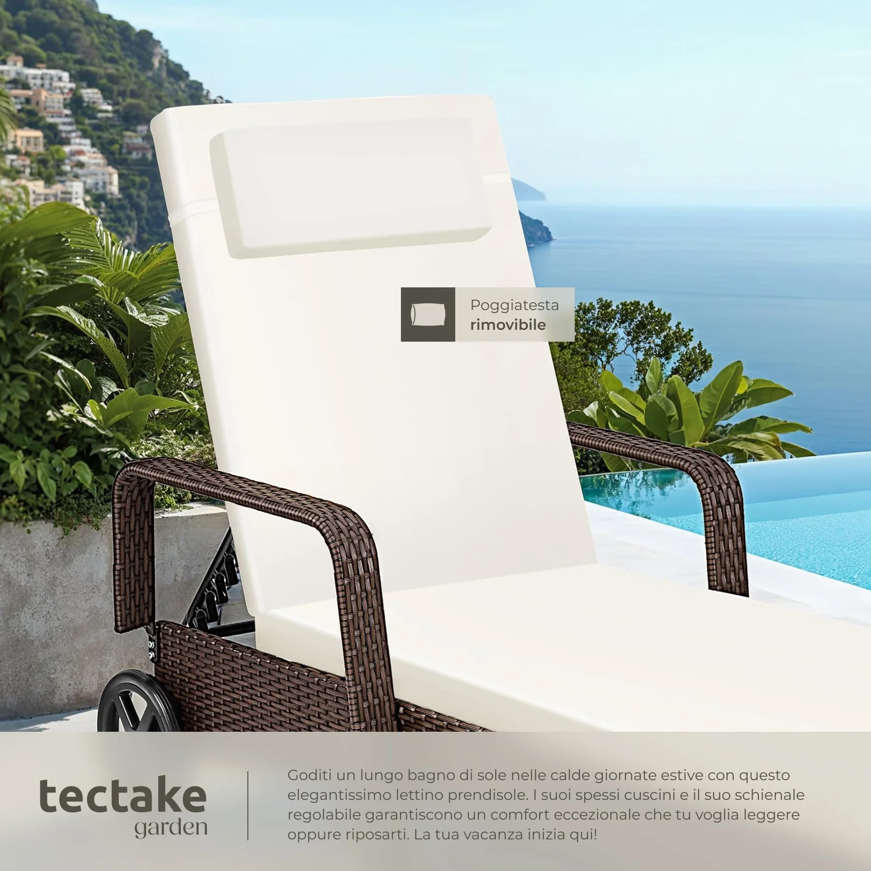 tectake® Lettino Poly Rattan Arredo Esterno Giardino, Sdraio Prendisole, Sdraio da Giardino, Terrazzo, Balcone, Sdraio piscina, Ruote Gommate, Arredo Interno Divano Sedia - Marrone Misto
