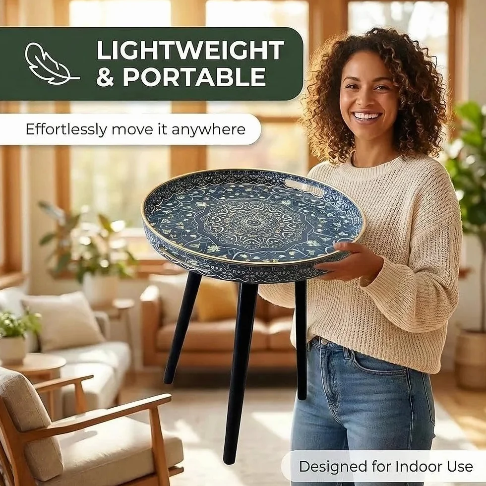 Tavoli laterali rotondi da esterno con 3 gambe in legno staccabili, tavolino versatile con vassoio, perfetto per tavolino da caffè rotondo, tè e momenti di relax 45 cm (Labirinto blu)