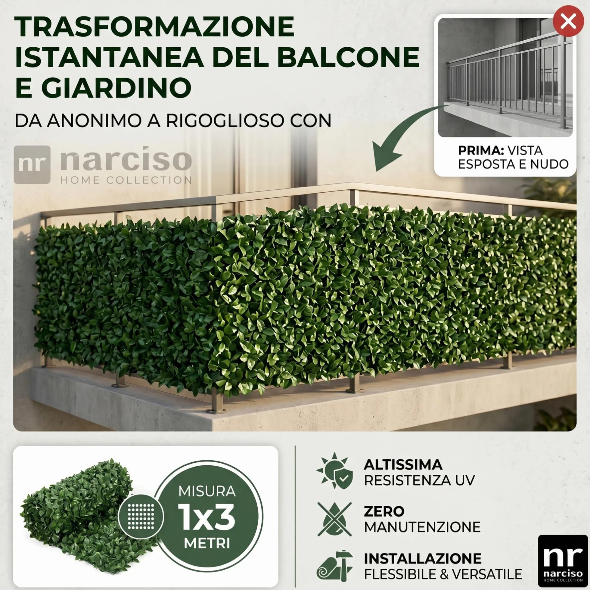NARCISO Siepe Artificiale da Esterno 1x3 Metri, Siepe Finta per Recinzione Giardino Esterno, Edera in PVC Perfetta per Garantire Privacy Copri Ringhiera Balcone e Frangivista Giardino (Pack da 1)