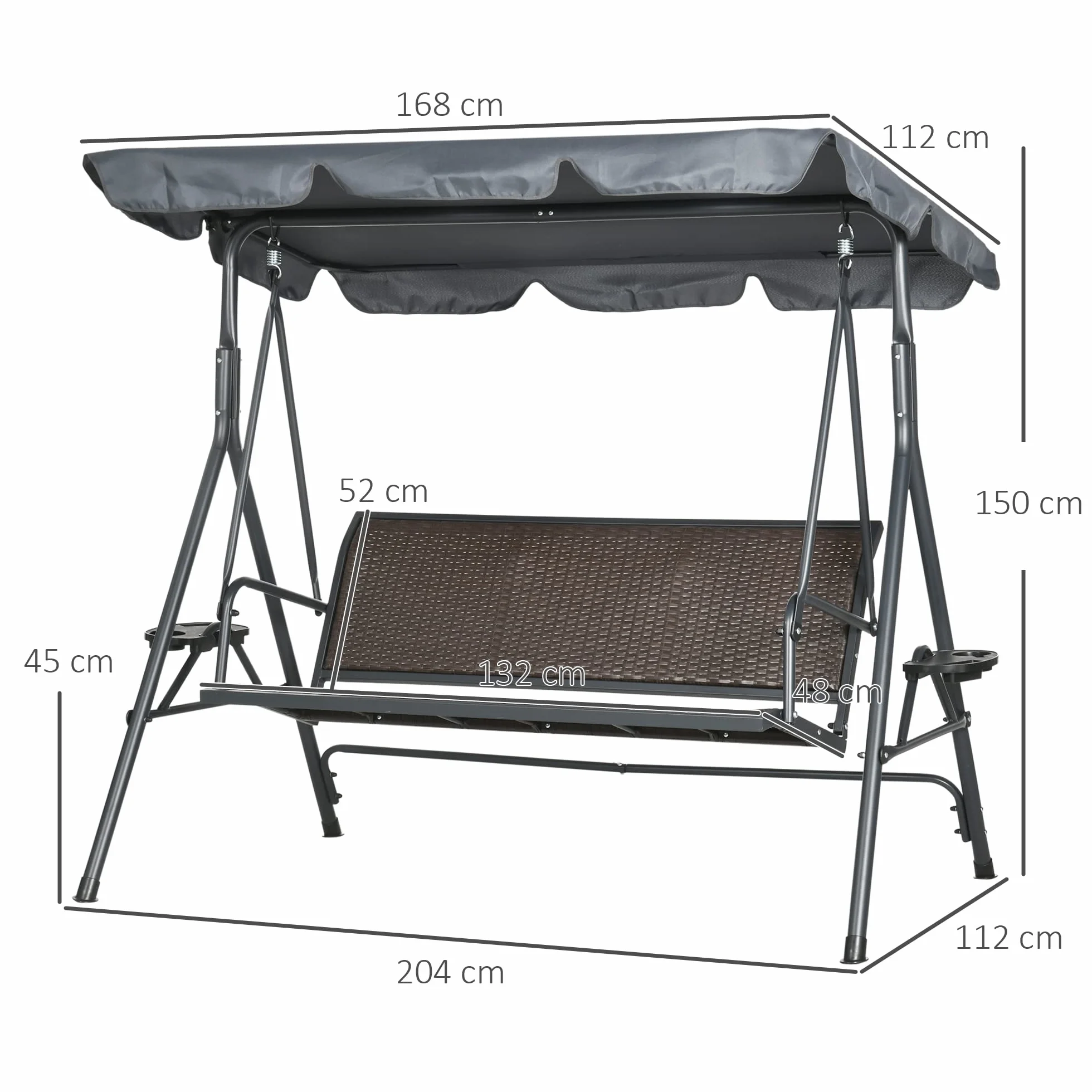 Outsunny Dondolo da Giardino 3 Posti in Rattan PE con Tettuccio Parasole Regolabile e Portabicchieri, Dondolo da Esterno con Telaio in Acciaio, Portata 320 kg, 204x112x150 cm, Grigio Scuro