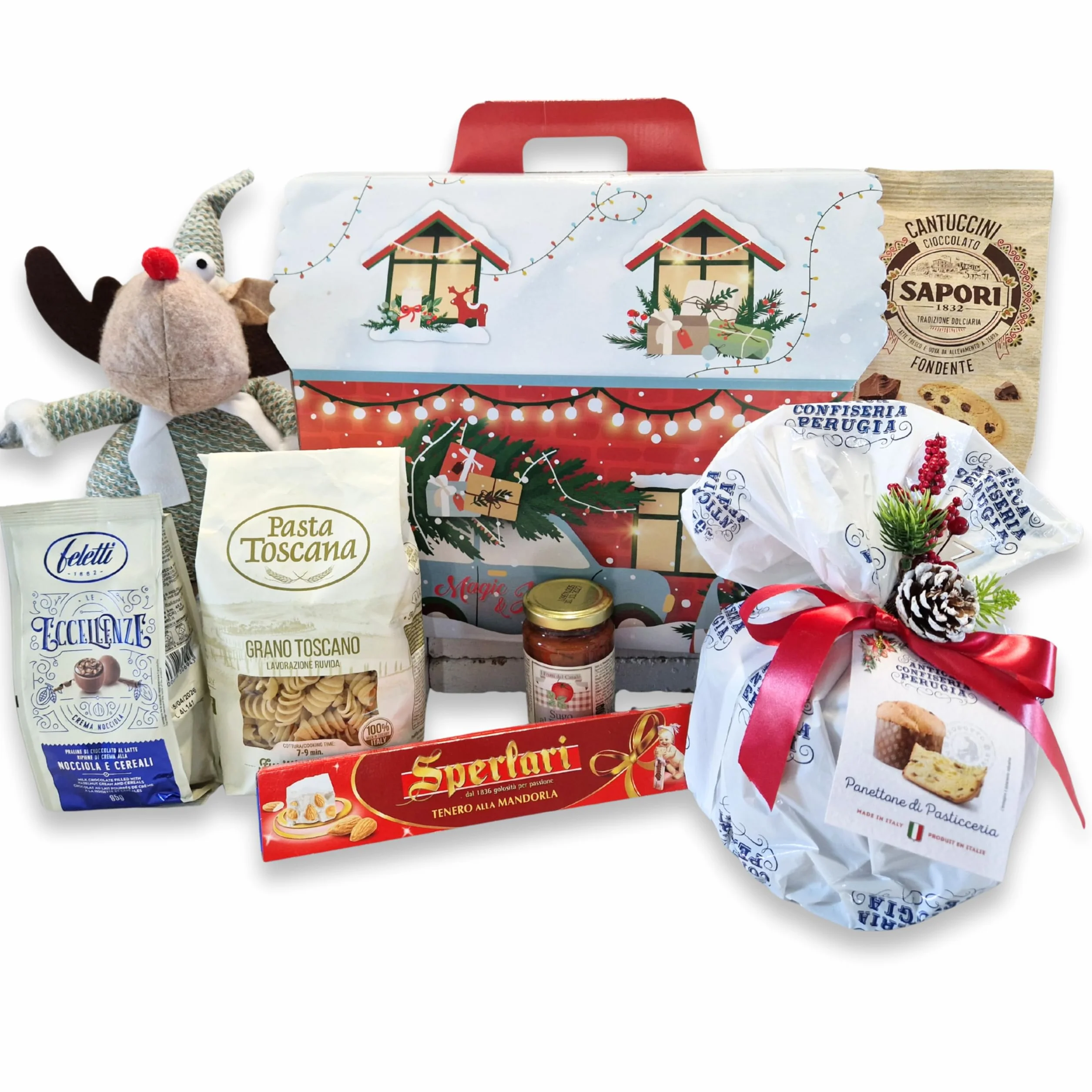 Cesti Natalizi Speciale Italia – Confezione Regalo Casa del Natale, Cesto Natalizio Gastronomico con Panettone da 500g e Prodotti Alimentari Dolci e Salati, 8 pezzi