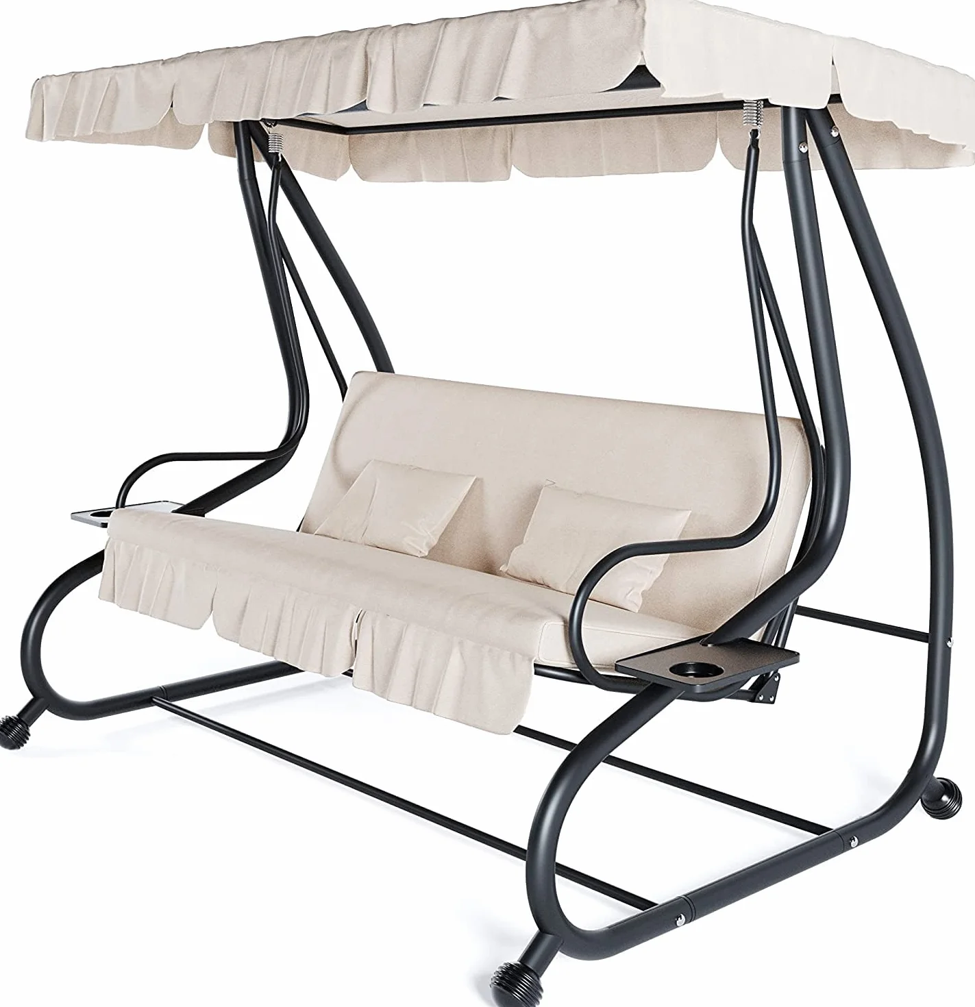 BRICOZONE Dondolo Reclinabile 3 Posti Con Cuscini Imbottiti Parasole Tettuccio Regolabile Diventa Letto Struttura Acciaio Robusto Giardino Esterno Balcone Terrazzo Piscina 200 x 120 x 160 cm Beige