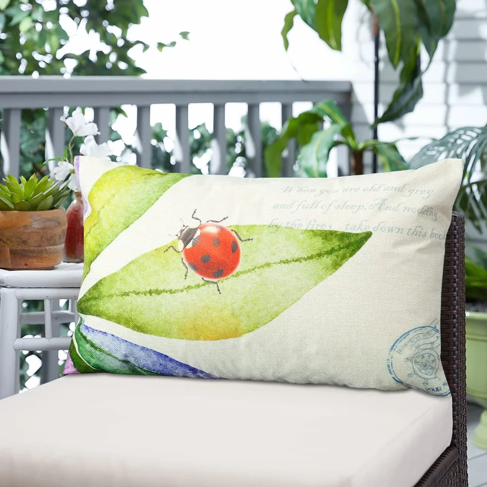 Artscope, confezione da 4 federe per cuscini impermeabili da 30x51 cm, decorative, per primavera, per esterni, patio, giardino, soggiorno, divano, decorazione rustica (insetti e piante)
