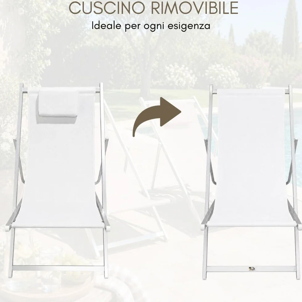 ZIK Set 2 Sedia Sdraio Pieghevole da Giardino Esterno, Cuscino Rimovibile, Schienale Regolabile, Poltrona Relax Reclinabile, Alluminio e Textilene per Piscina Spiaggia (Bianco)