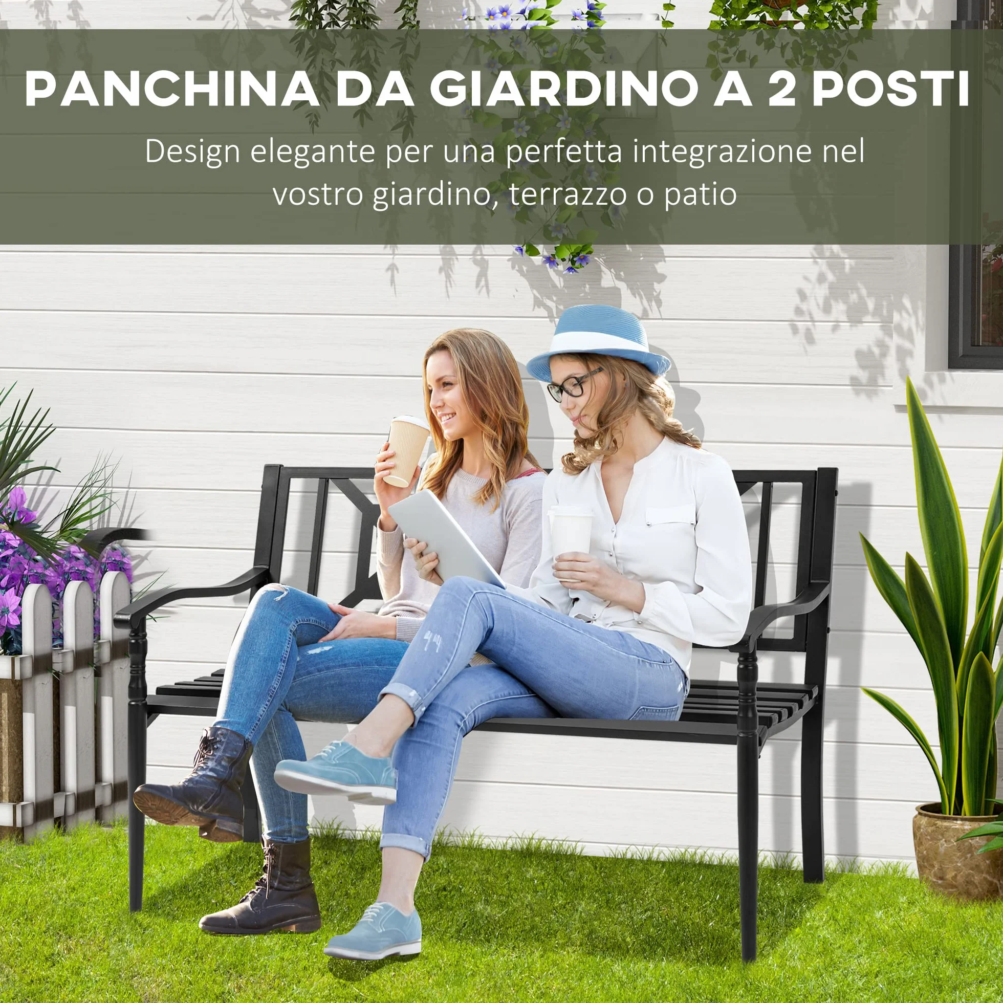 Outsunny Panchina da Giardino in Acciaio per 2 Persone, Panchina da Esterno con Schienale Alto e Braccioli, 128x62.5x81.5 cm, Nero