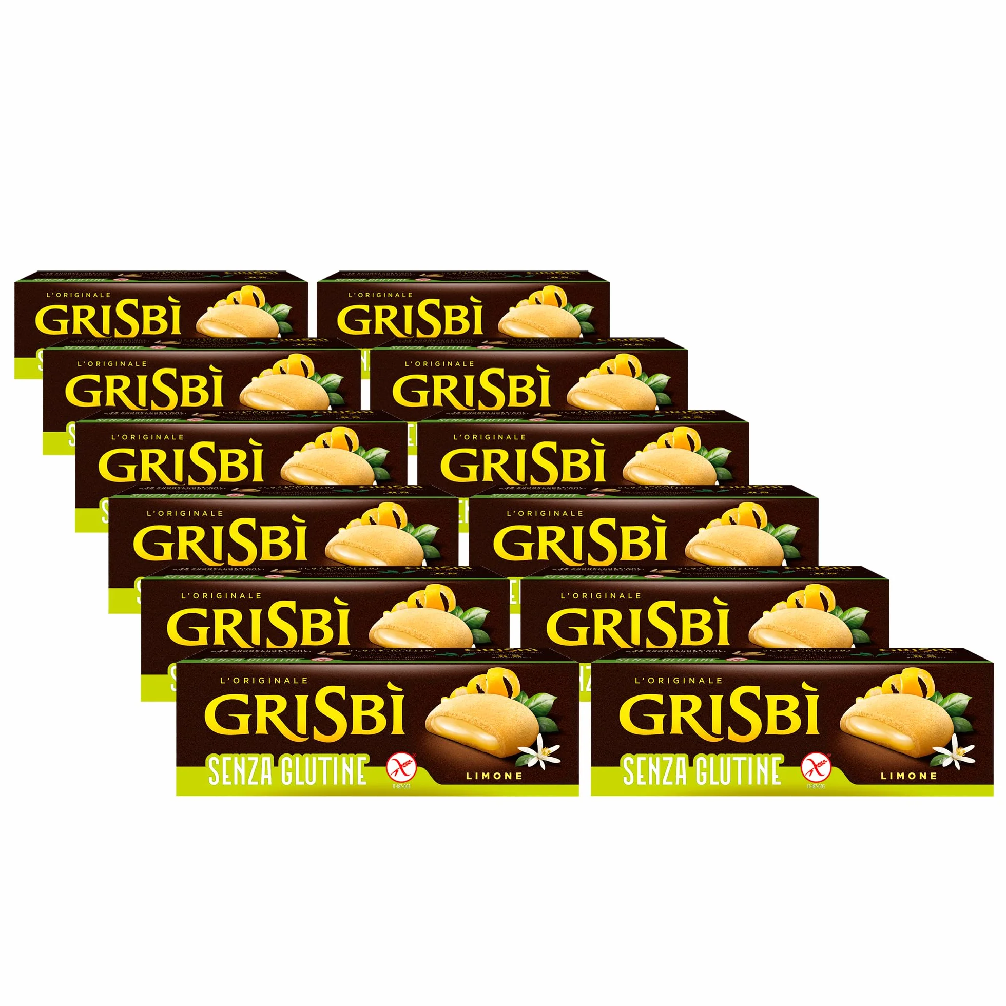 Grisbì Senza Glutine Limone - Biscotti Gluten Free di Pasta Frolla, Ripieni di Crema al Limone, Ideali per Colazione, Snack o Merenda, Formato Scorta, 12 Confezioni da 9 Biscotti, 1.800 gr