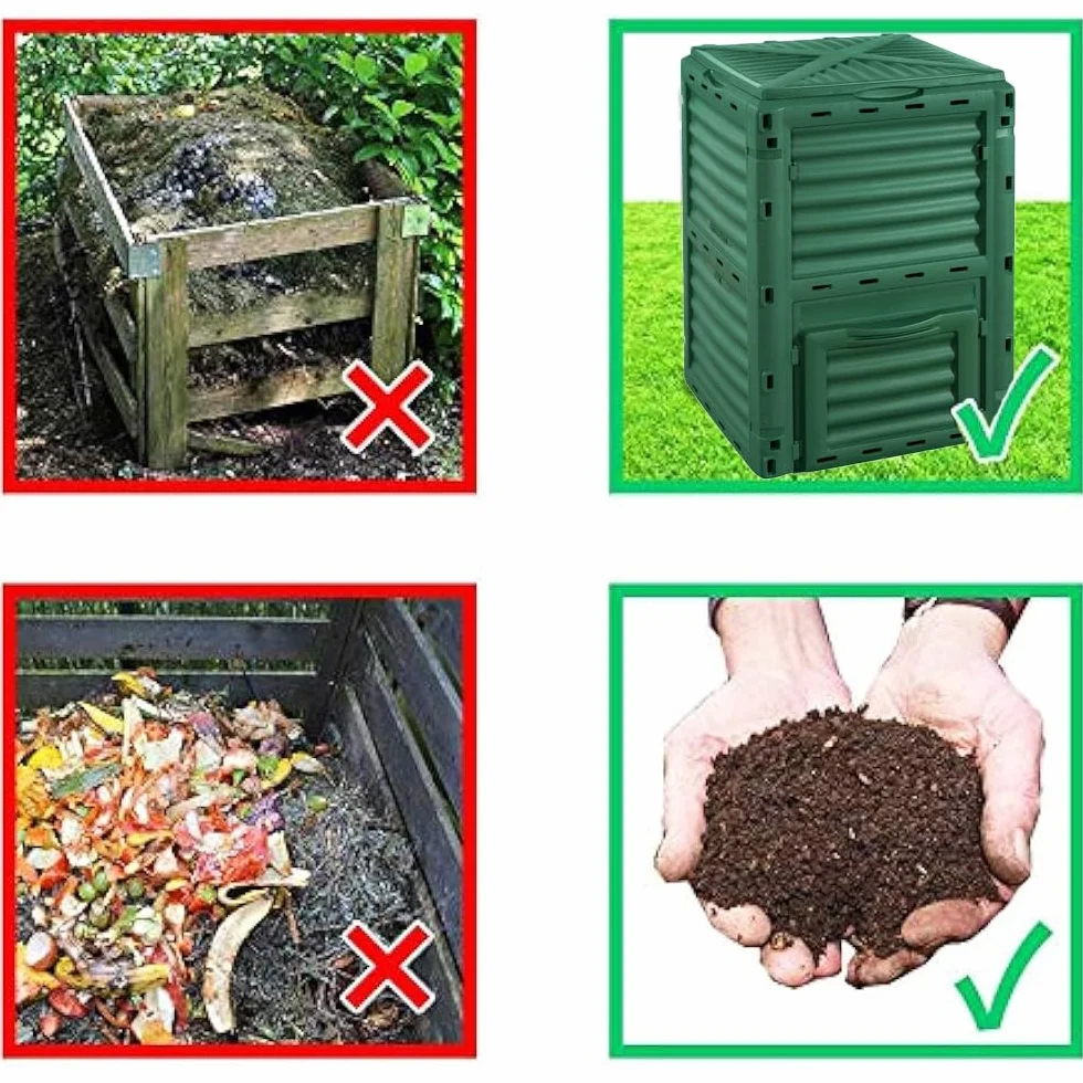Paluplus Compostiera da Giardino 300 Litri Plastica Verde 61x61x83 cm Resistente Intemperie Coperchio Ribaltabile