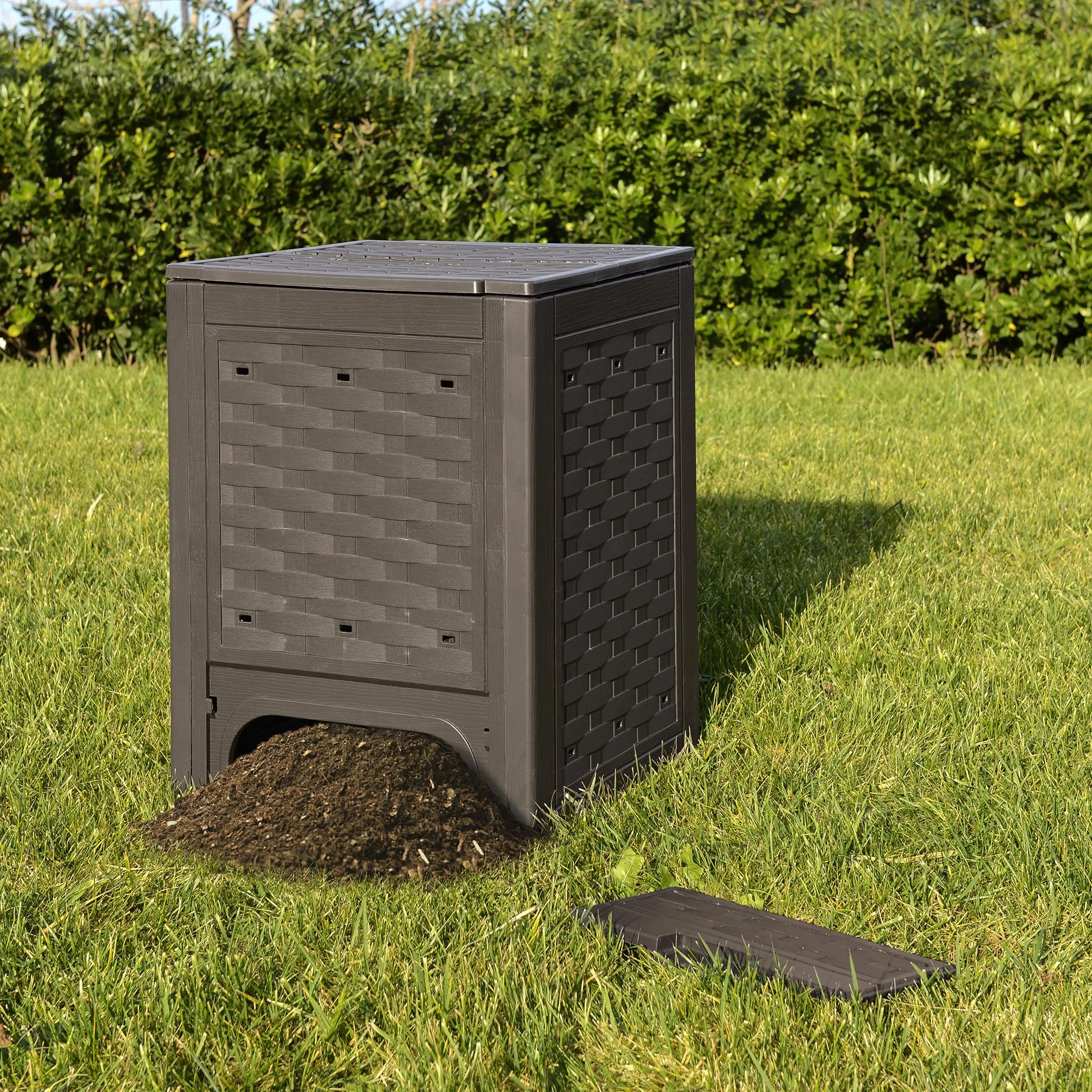 TOOMAX Composter Rattan marrone da giardino 300L 60x60x83h cm contenitore compostaggio plastica riciclata resistente UV coperchio sportello aerazione
