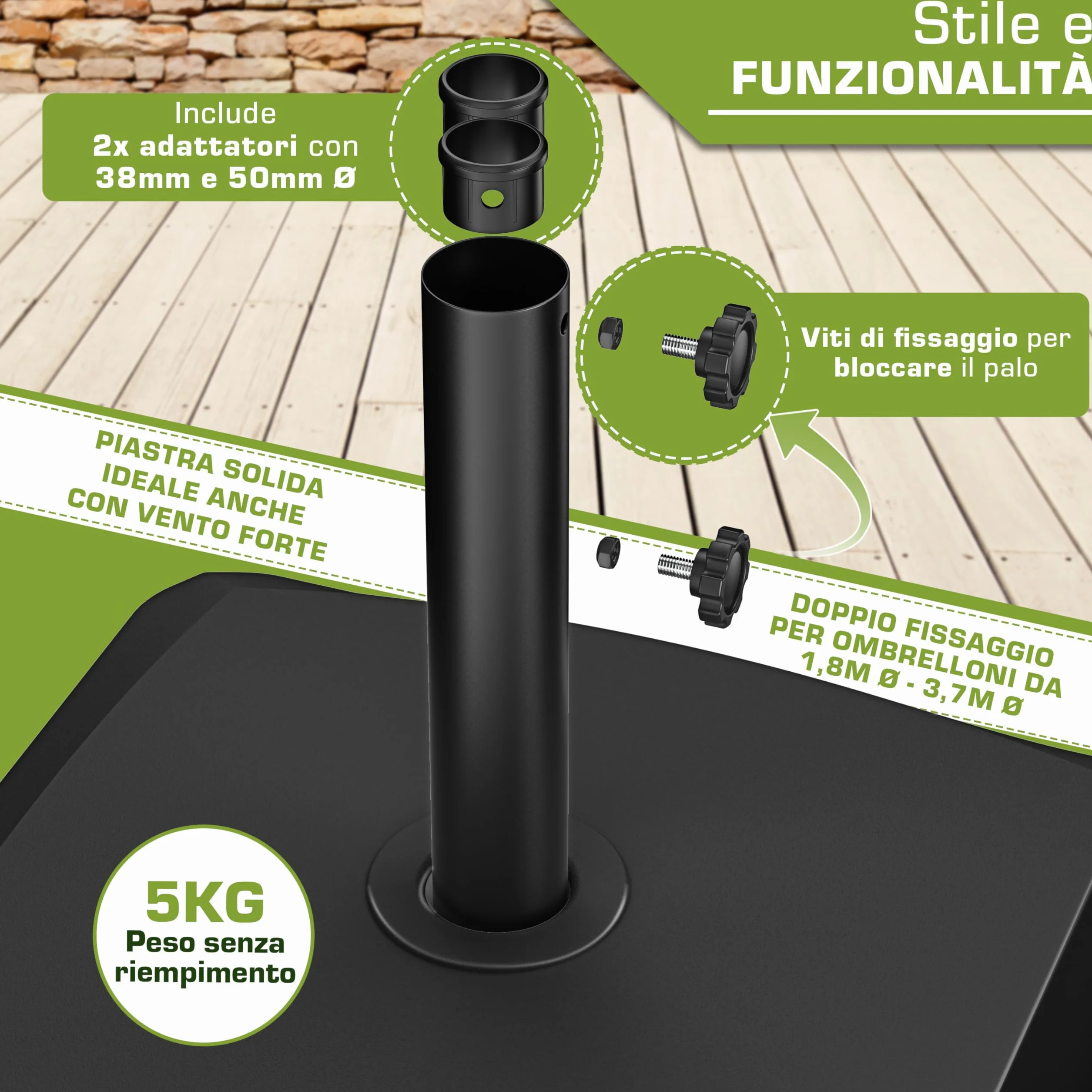 tillvex® Base per ombrellone PAVERA e Ruote e Freni | Zavorra ombrellone riempibile 37L/56kg | Piedistallo per ombrelloni Giardino e Mercato Ø1,8-3,7m | Resistente a intemperie e UV (Nero)