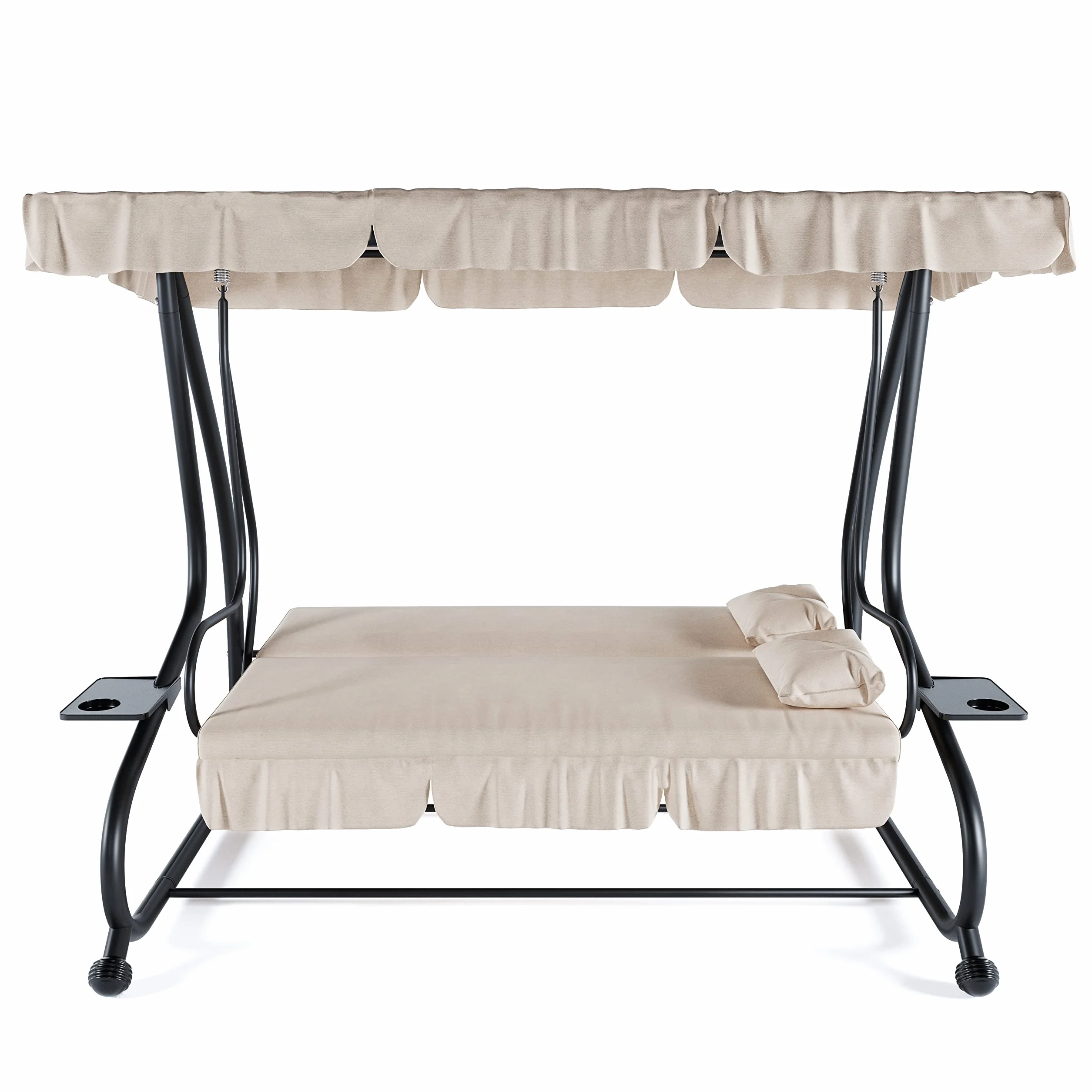 Dondolo 3 Posti Reclinabile Con Parasole Tettuccio Regolabile Cuscini Imbottiti Diventa Letto Struttura Robusta In Acciaio Verniciato Giardino Esterno Balcone Terrazzo 200 x 120 x 160 cm (Beige)