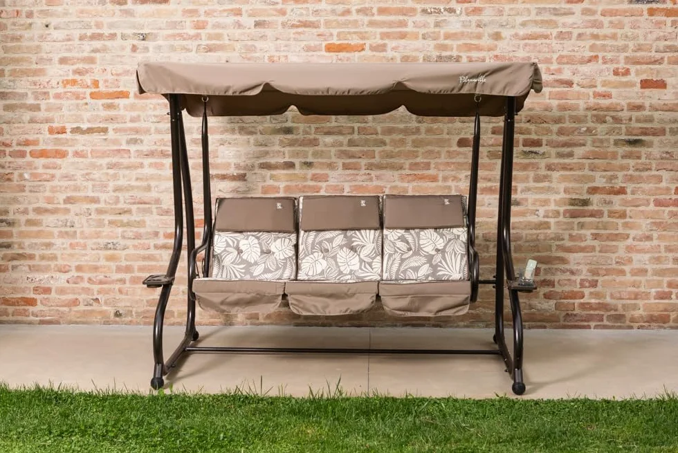 Dondolo reclinabile da giardino 3 Posti con funzione letto e tettuccio regolabile, cuscini imbottiti 7 cm con poggiatesta rimovibili e struttura in acciaio verniciato Mizar (Bronzo Tropicana)