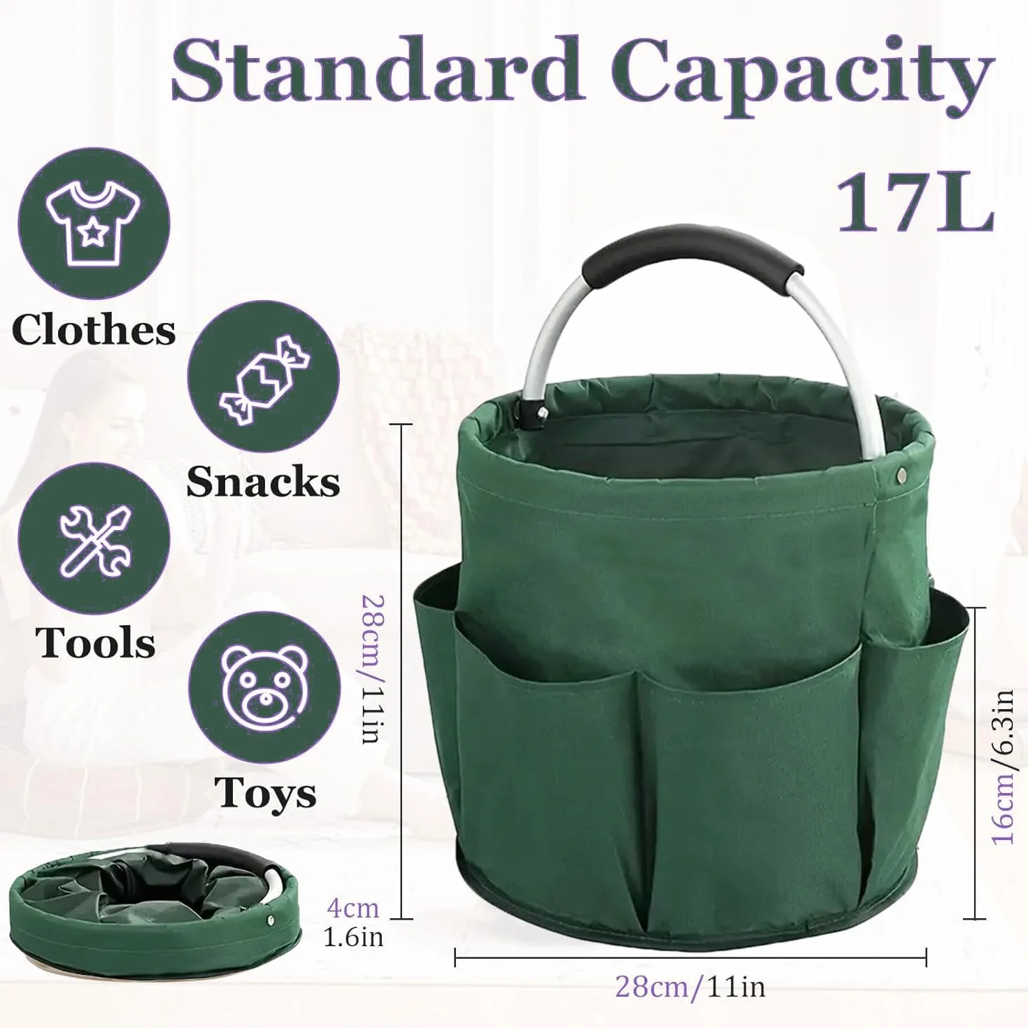 Contenitore per la Pulizie con Manico - Pieghevole, Borsa per Attrezzi da Giardino, con 6 Tasche Esterne, per Kit di Attrezzi da Giardino, Accessori per la Pulizia, Casa, Verde