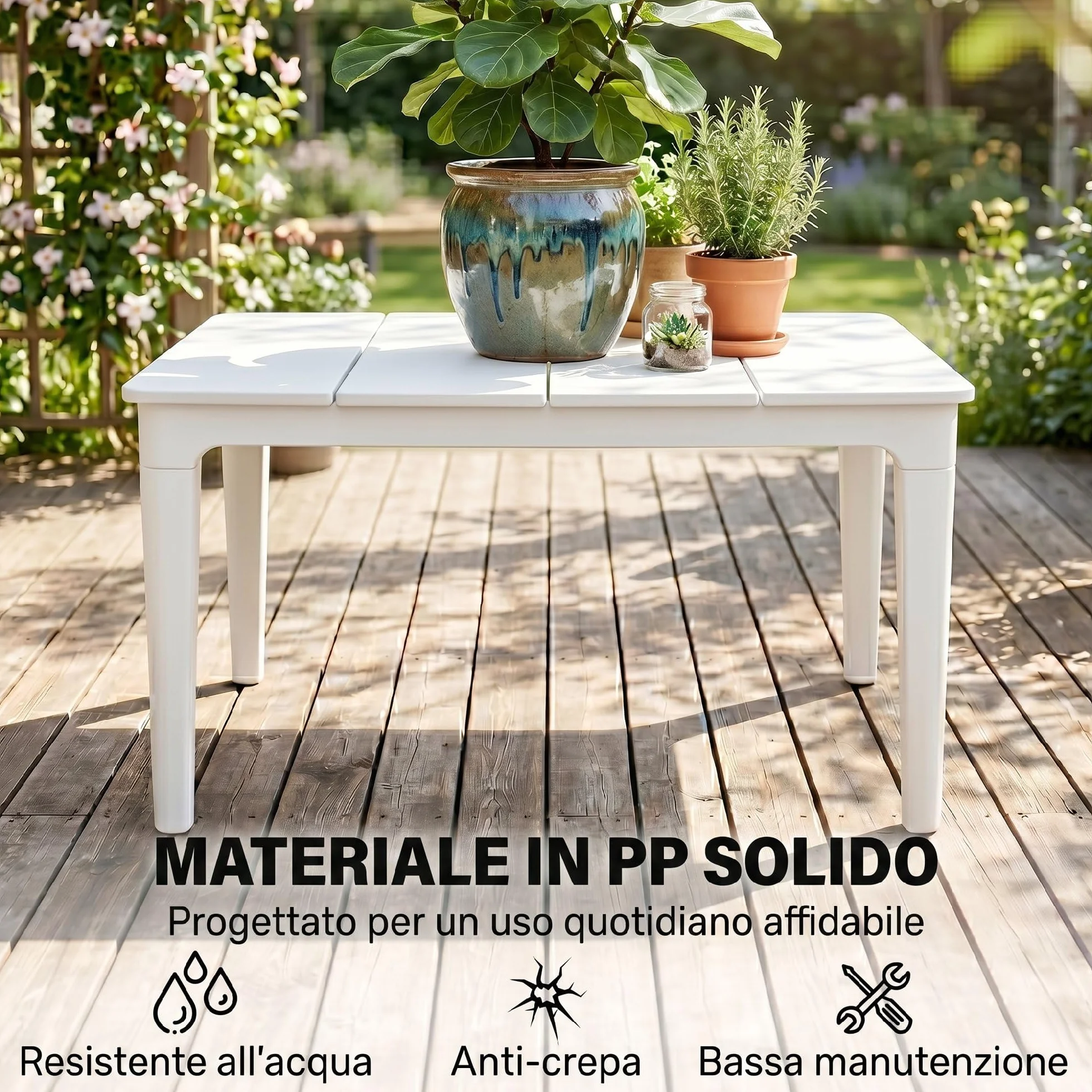 Outsunny Tavolo da Caffè da Esterno con Gambe Cilindriche, Tavolino da Giardino Rettangolare in Plastica PP, Stile Moderno, per Giardino, Balcone, Terrazzo, 53x70x39 cm, Crema