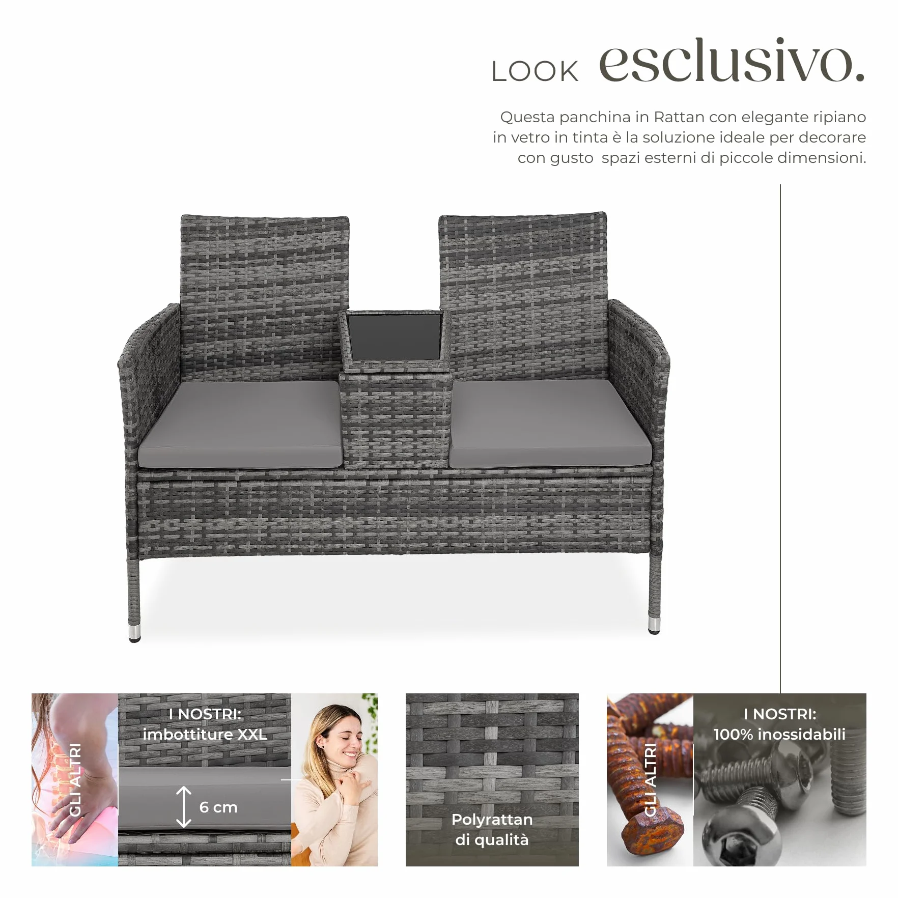 tectake® Panchina da Giardino in Polyrattan con Tavolino Integrato, 133x63x84 cm, Resistente Intemperie, Cuscino Seduta 6 cm, Set Panca da Giardino per 2, per Veranda, Balcone - Grigio/Grigio Chiaro