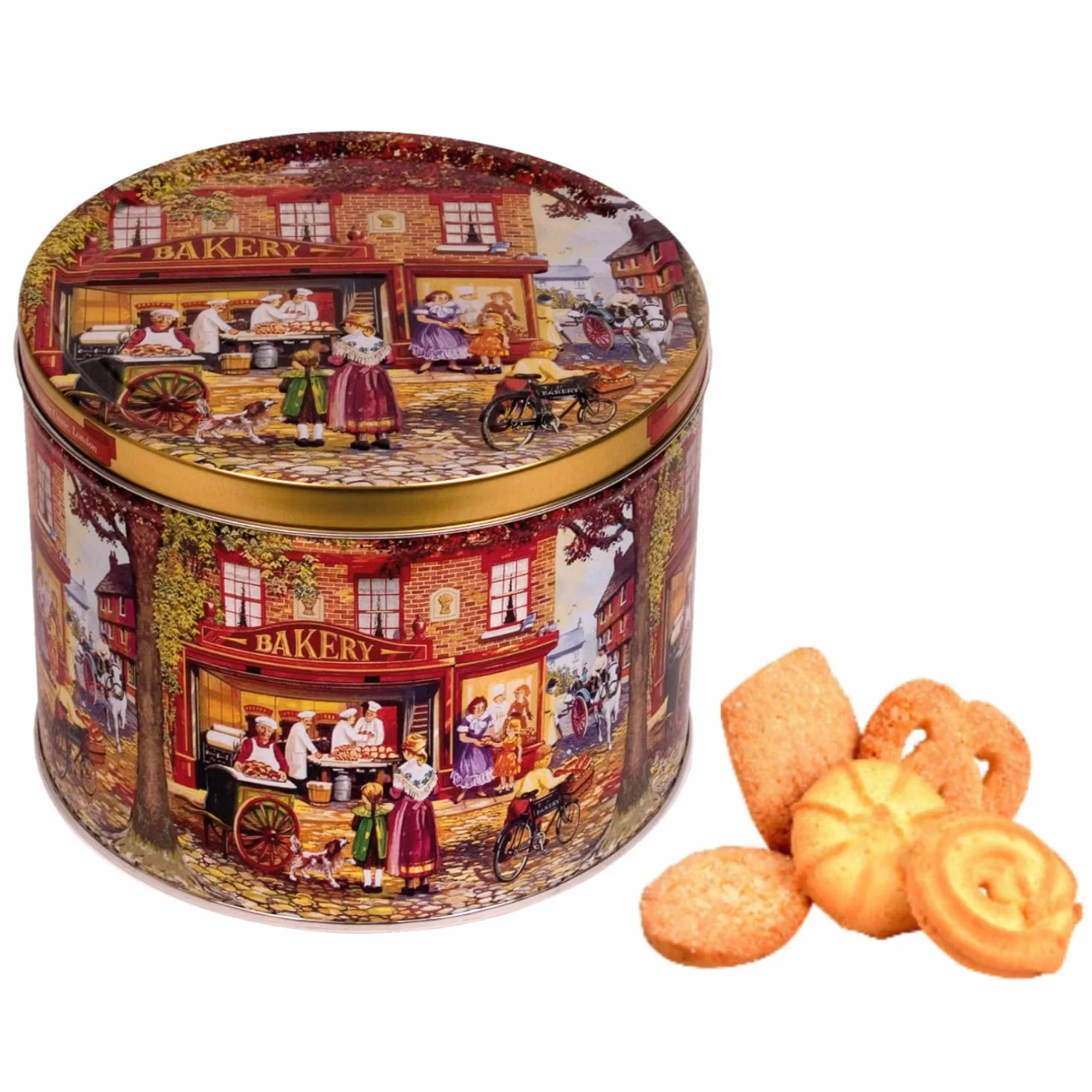 Biscotti in Latta di Metallo Tonda Jacobsens Bakery Decorata a Rilievo | Biscotti al Burro Danesi - 1 Kg | Lattine Biscotti