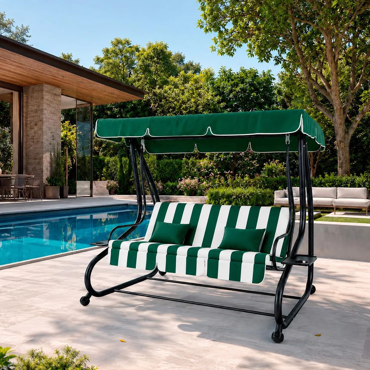 Dondolo 3 Posti Reclinabile Madeira Tettuccio Parasole Regolabile Cuscini Imbottiti Diventa Letto In Acciaio Verniciato Giardino Esterno Balcone Terrazzo 200 x 120 x 160 cm Verde E Bianco