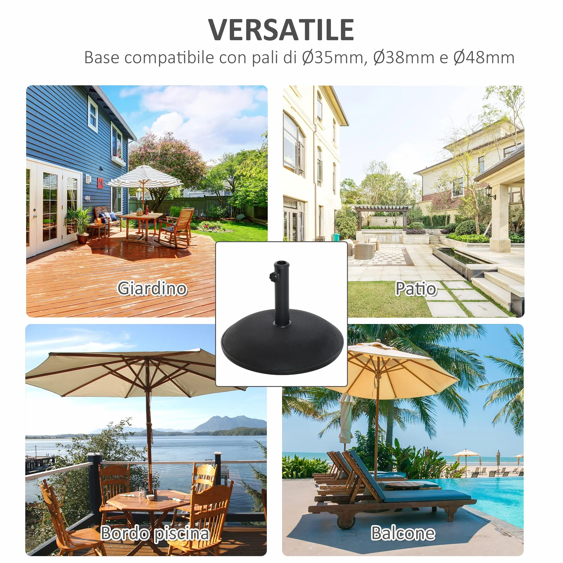 Outsunny Base Ombrellone in Cemento per Ombrelloni con Palo di Ø35mm, Ø38mm, Ø48mm, per Giardino, Terrazzo e Balcone, Nero Ø49x37 cm