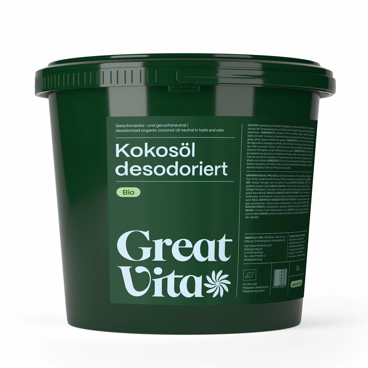 Olio di cocco biologico MeaVita, insapore (deodorato), confezione da 1 (1 x 5000 ml)