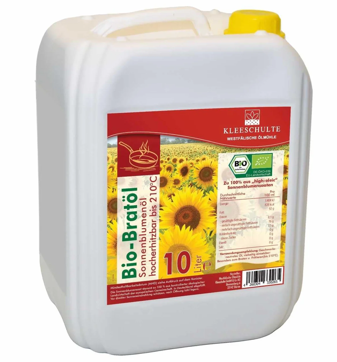 Olio di girasole biologico, altamente riscaldabile per friggere e friggere