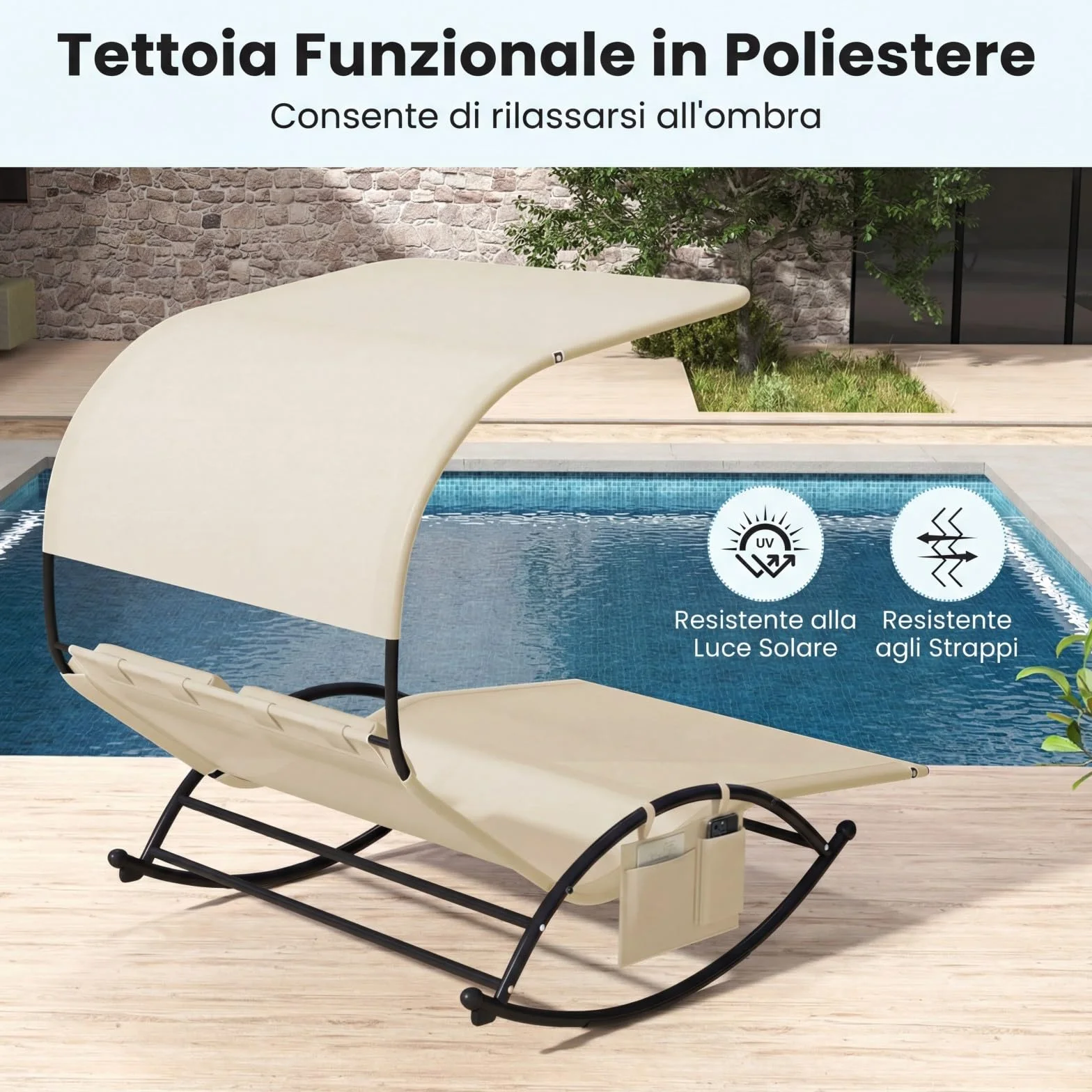 COSTWAY Lettino Prendisole a 2 Posti, Lettino in Tessuto Textilene, con 2 Poggiatesta Staccabili, Sedia a Dondolo da Giardino con Struttura Metallica, Lettino con Tettuccio Portata 300 kg (Beige)