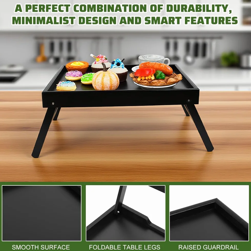 Vassoio da Letto con Gambe Pieghevoli,Vassoio per Colazione a Letto in Bambù HxLxP: 19x40x30 cm,Tavolino da Letto Pieghevole per Computer Portatile (Nero)