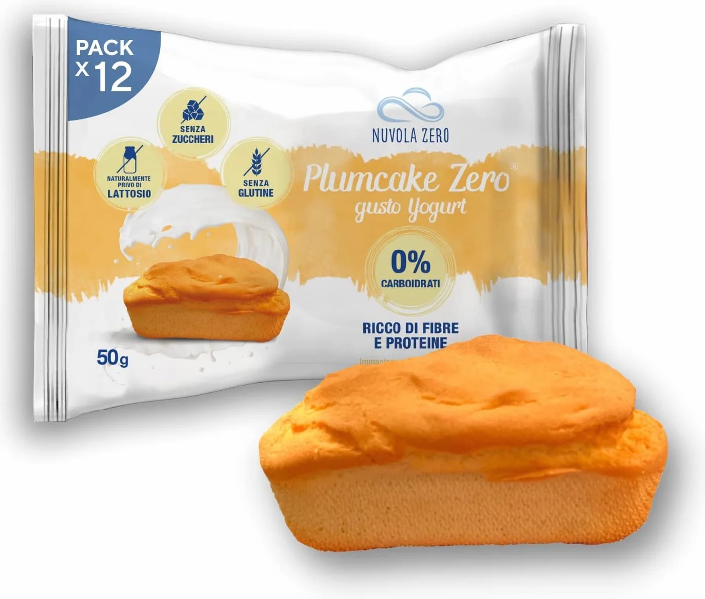 Nuvola Zero - Plumcake allo Yogurt Senza Carboidrati, Merendine Senza Lattosio, Senza Zuccheri, Senza Glutine, Ricco di Fibre, Confezione 12pz, Made in Italy