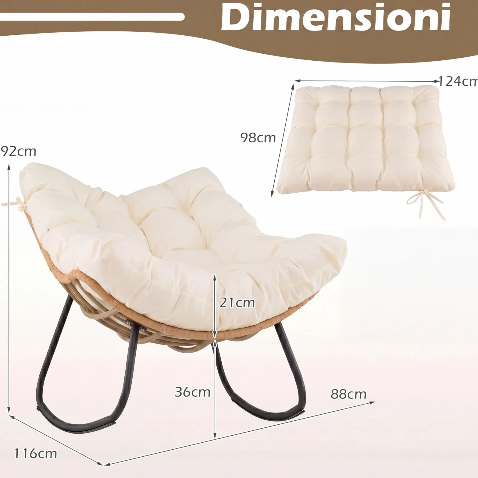 COSTWAY Sedia a Dondolo da Esterno, Poltrona in PE Vimini con Cuscino Rimovibile, Poltrona Relax in Rattan con Struttura in Metallo, per Soggiorno, Balcone, Giardino, Portata 140 kg (Beige)
