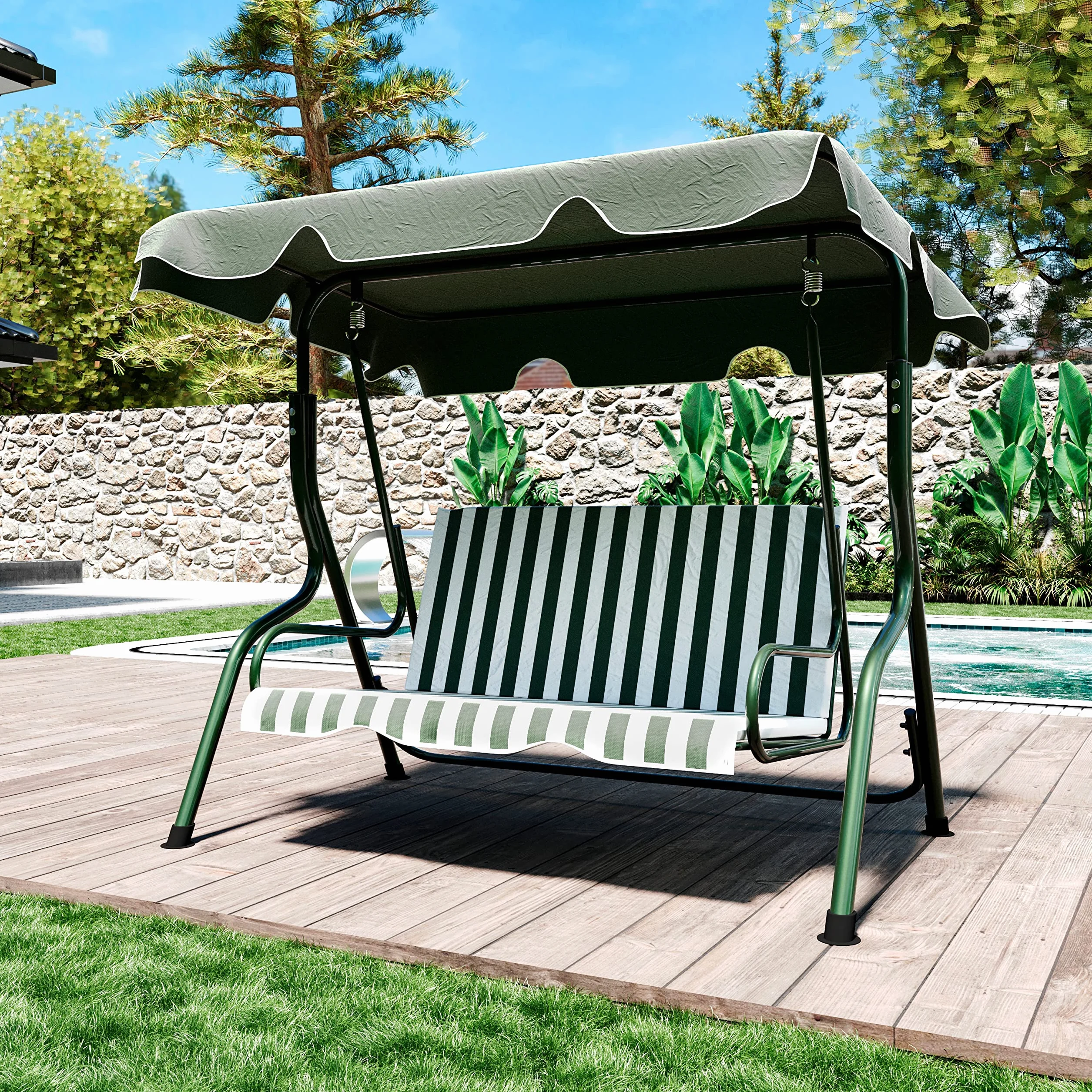 BRICOZONE Dondolo 3 Posti con Cuscini Imbottiti Tettuccio Parasole Regolabile Struttura in Acciaio Verniciato Robusto da Giardino Esterno Balcone Terrazzo 170 x 110 x 153 cm Verde e Bianco