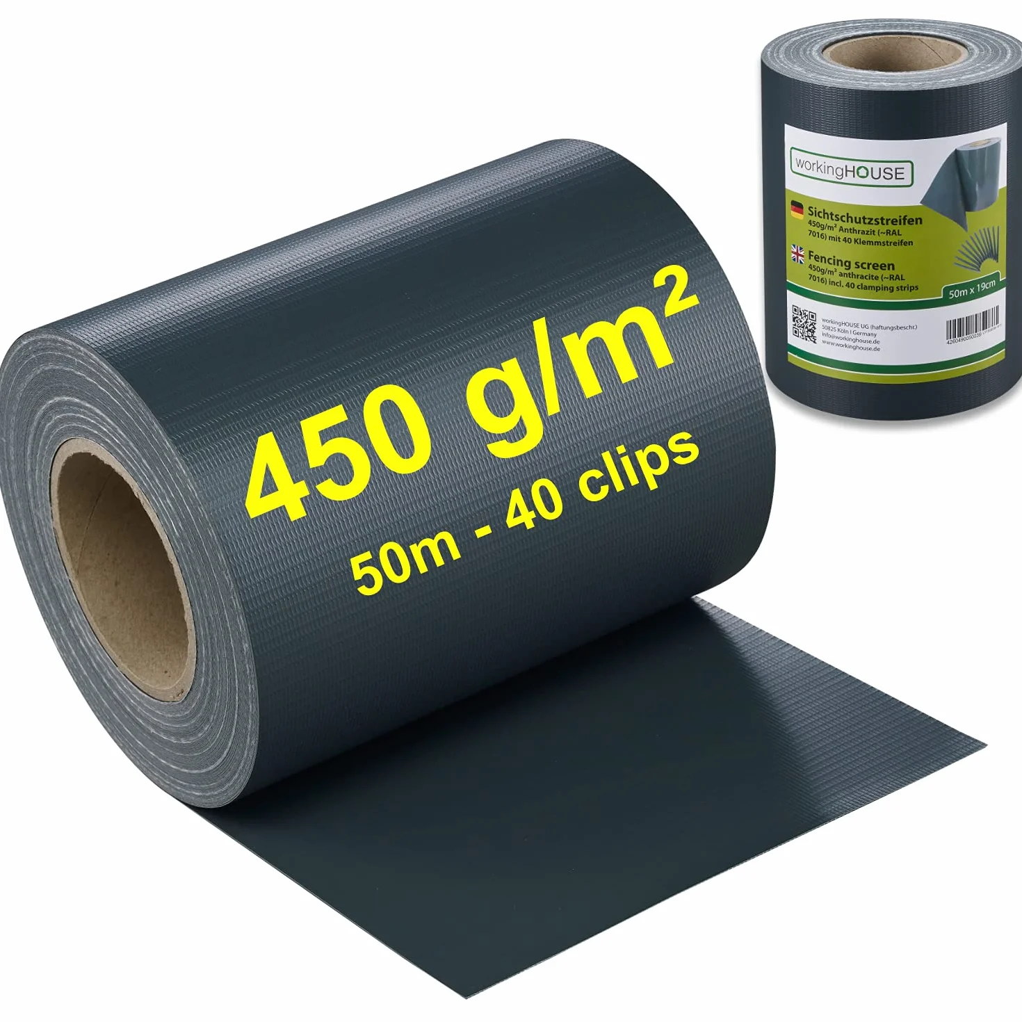 Workinghouse Schermo privacy in PVC per recinzione a doppio picchetto - schermo privacy da giardino con clip - 450g/m² - 50m x 19cm, schermo privacy per recinzione, pellicola per recinzione