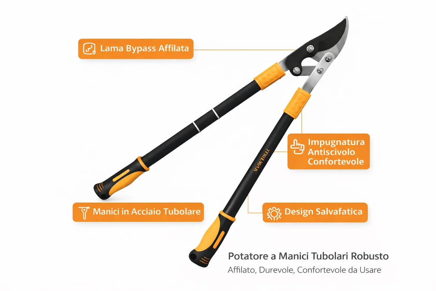 TOOLMAK Troncarami 700 mm (28") Taglia Rami Spessi, forbici da Potatura | Cesoie Lunghe, Lama Curva in Acciaio Temprato, Manici Tubolari Antiscivolo per Giardino