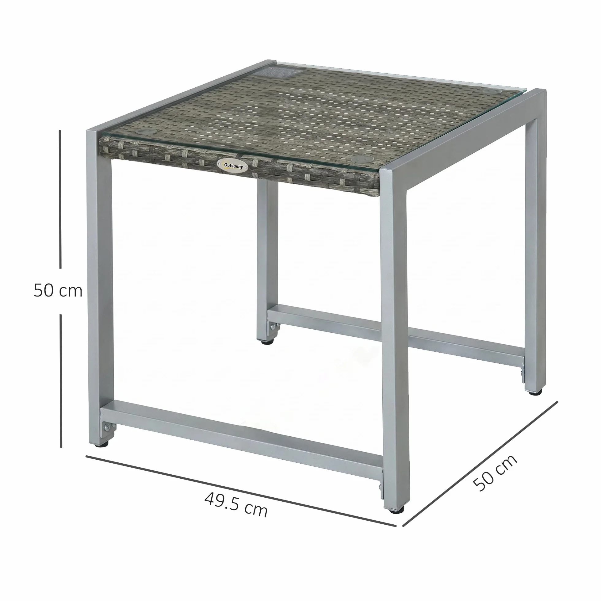 Outsunny Tavolino da Caffè da Giardino Piano in Vetro Temperato in Rattan Alluminio 50 x 49,5 x 50 cm