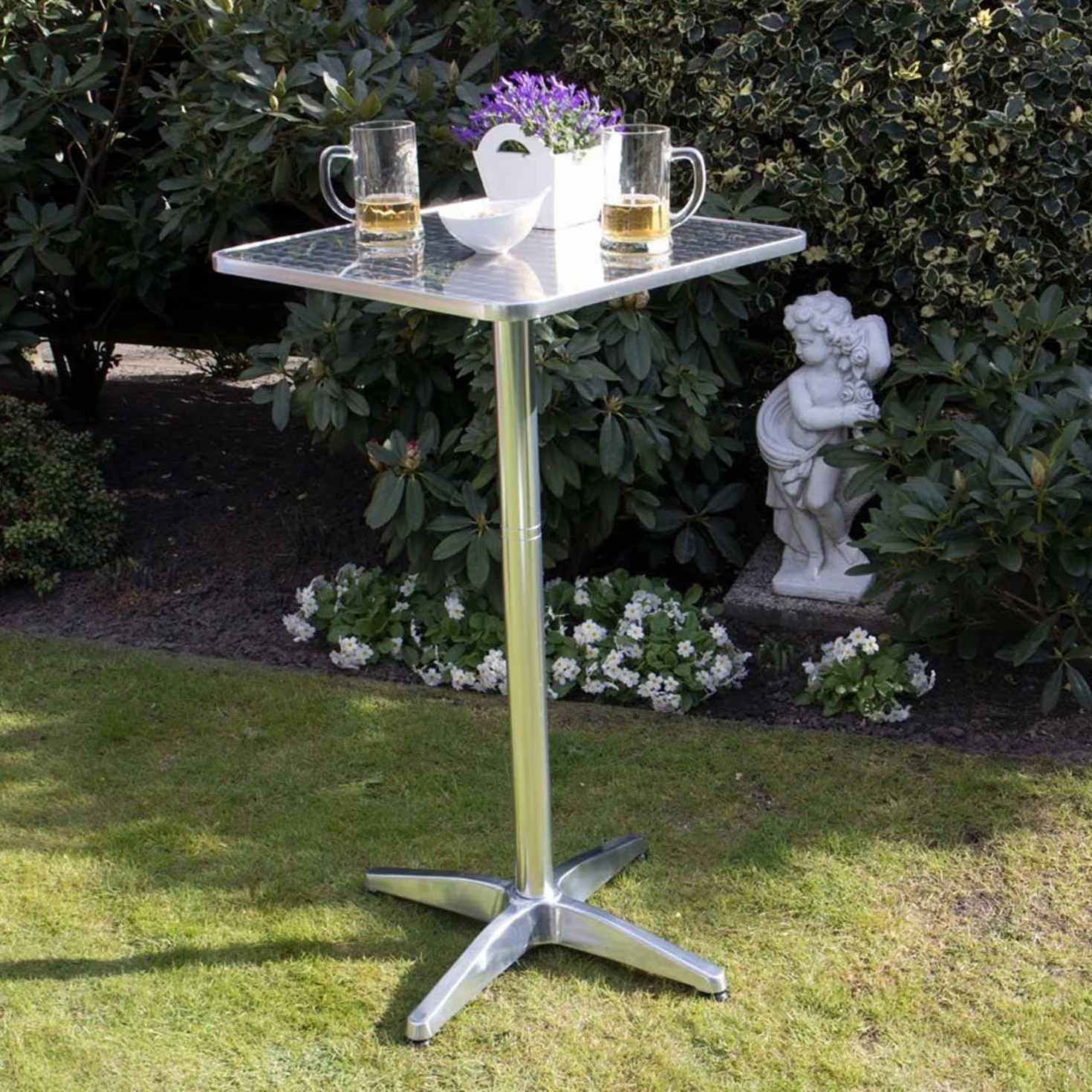 BAKAJI Tavolino In Alluminio Per Esterno 60 x 60 cm Con Altezza Regolabile 70/110 cm Tavolo Bistrot Ripiano TOP in Acciaio Inox Quadrato Per Bar Casa Giardino Ristorante Silver